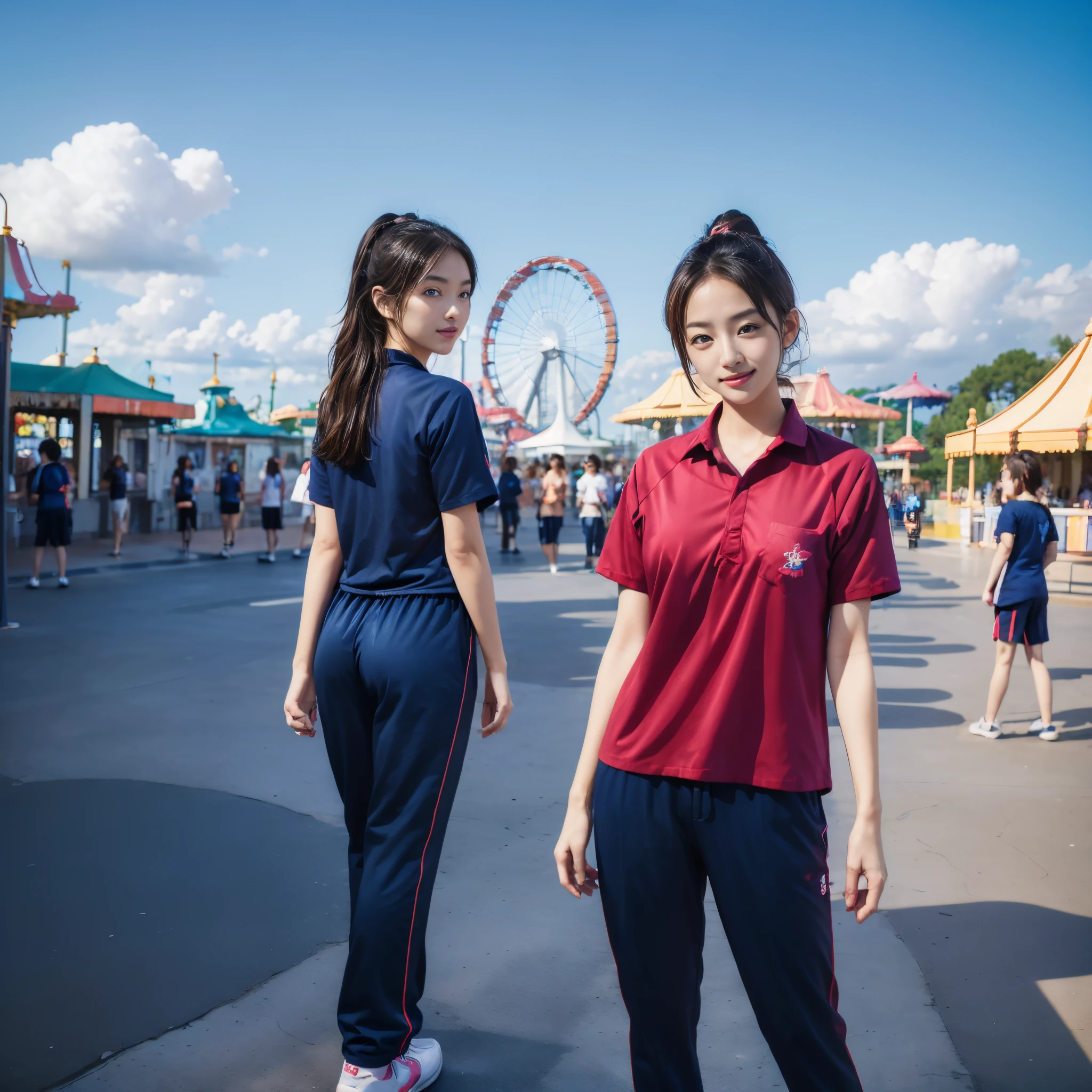 ((1 amusement park girl pose:1.5)),colorful theme,(wide shot:1.3),field of view,18yo, shiny skin, Perfect body, Correct body, ((Correct anatomy:1.37)) ,full body, wearing ((red shirt:1.1)),short sleeves,(shiny_darkblue_long_TrackPants:1.3) , ((amusement park Background:1.39)) , (bestquality,highres,masterpiece:1.2),ultra-detail,(photo-realistic:1.37),dynamic angle,ass focus,cinematic light,8k resolution, RAW photo