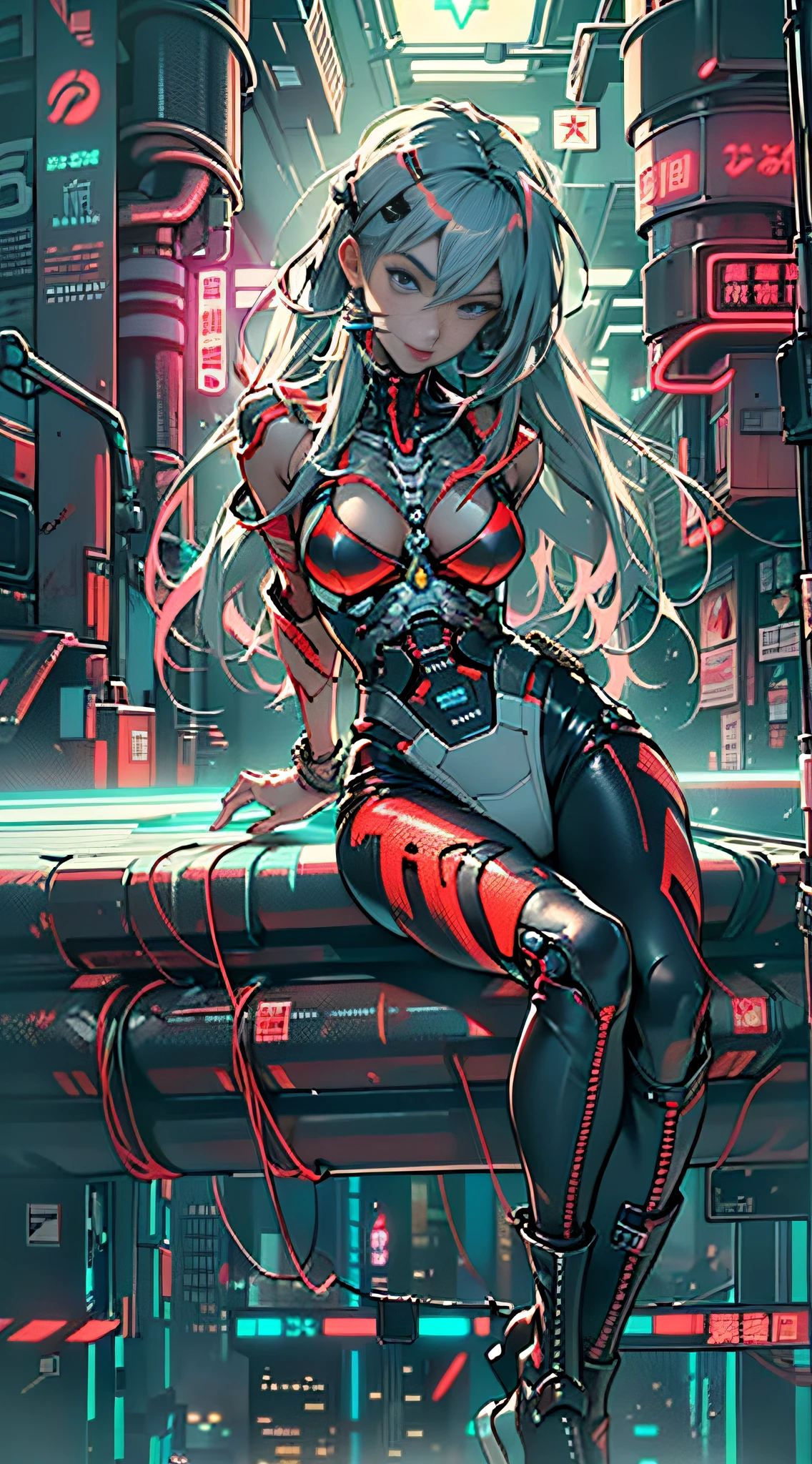 Better quality, tmasterpiece, 超高分辨率, ((フォトリアリスティック: 1.4), RAW photos, black hair color hair, Glowing skin, 1 mechanical girl, (Ultra-realistic details)), globalillumination, cel shadow, Octagonal rendering, 8K, Super sharp, , metals, Intricate decorative details, egypician detail, very complex details, realistic raytraicing, CGSoation trend, in front of camera, neon light detail, Mechanical limb, blood vessels attached to tubes, Mechanical vertebrae attach to the back, Cervical spine mechanical fixation in the neck, wires and cables connecting to head, Shin Evangelion, Small bright LED light bulb, (Stunning cyberpunk cityscape in the background)Close-up of a woman wearing bikini and pantyhose, anime cyberpunk art, cyberpunk anime art, anime figure; Interior art, cyberpunk anime girl, digitl cyberpunk - anime art, Cyberpunk Anime Digital Art, an oppai cyberpunk, cyberpunk theme art, cyberpunk artstyle, female cyberpunk anime girl, Cyberpunk art of a, cyberpunk horror style