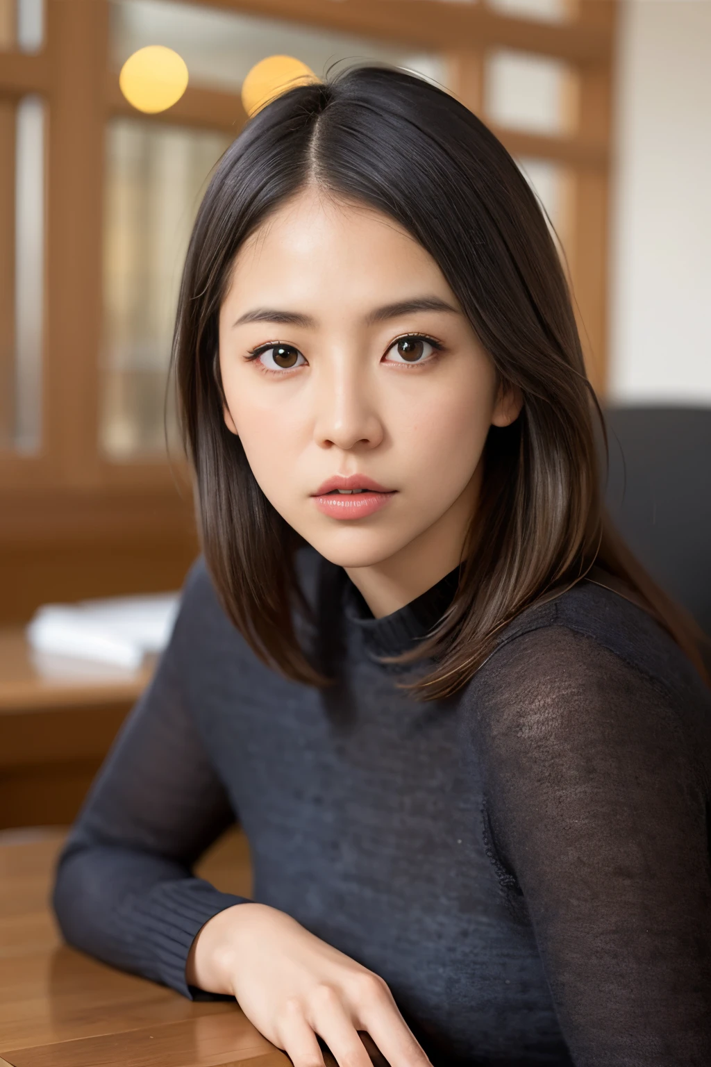 1girl, (looking at viewer),  (bokeh:1.1), parted lips,expressionless, realistic, sitting_on_chair, uniform,
pants, skyline,
realistic, llfMasami Nagasawa