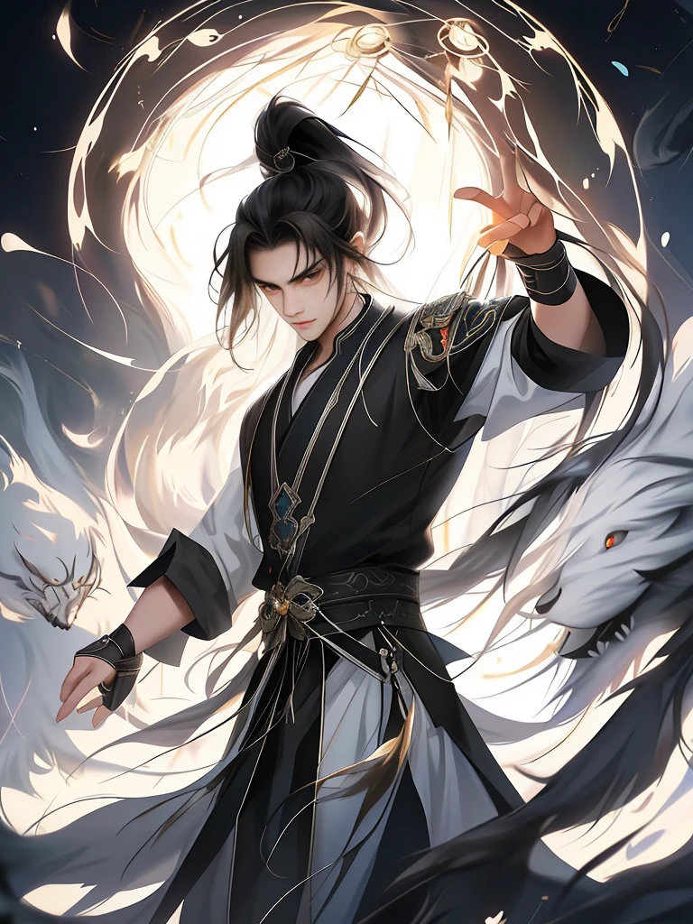 A young Taoist priest，Long hair and high ponytail，Brown-eyed protagonist has mysterious black marks on his neck，Immerse yourself in a barrage of magical energy，Normal hands，Glowing particles dance around him，Mysterious symbols formed in the sky， tmasterpiece， Best quality at best， ultra - detailed， lamplight， 8k resolution concept art， Fantasyart， epic art， 4K concept art wallpaper，deep colour，natural  lightting，white magic vortex，