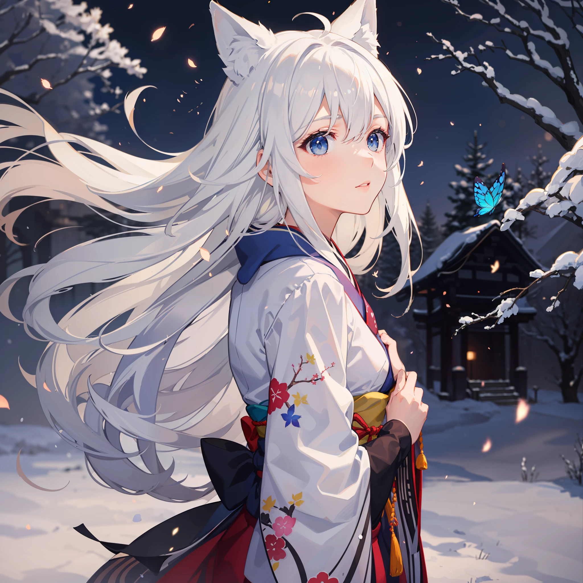 (High detailed CG unity 16k wallpaper:1.1), (noise reduction strength:1.45), (masterpiece:1.37), original, (very fine and beautiful), (perfect details), (unity CG 8k wallpaper:1.05), (beautiful crisp background:1.25), (one pretty girl (2 fox ears:0.9) with (fox tail on the back:1.2) standing by the river:1.15). (pretty type:1.3), (thin pretty eyes:1.retty face:1.3), silver hair, silver ears, (pink hair:0.7), (pink ears:0.7), long hair, (Japanese kimono:1.25), (wind blown hair:1.1), (blue eyes:1.1), ( girl:1. 1) fluttering Butterfly, (Moonlight:0.6), Tree, Snow Dancing, (Winter Orientation), (Night:1.2), (Gloves:0.8), Solo, (Illustration), (Depth of Field:0.7), (Close-Up :0.35), God Rays, Sparks, Glowing Light, (Mast Piece) --auto --s2