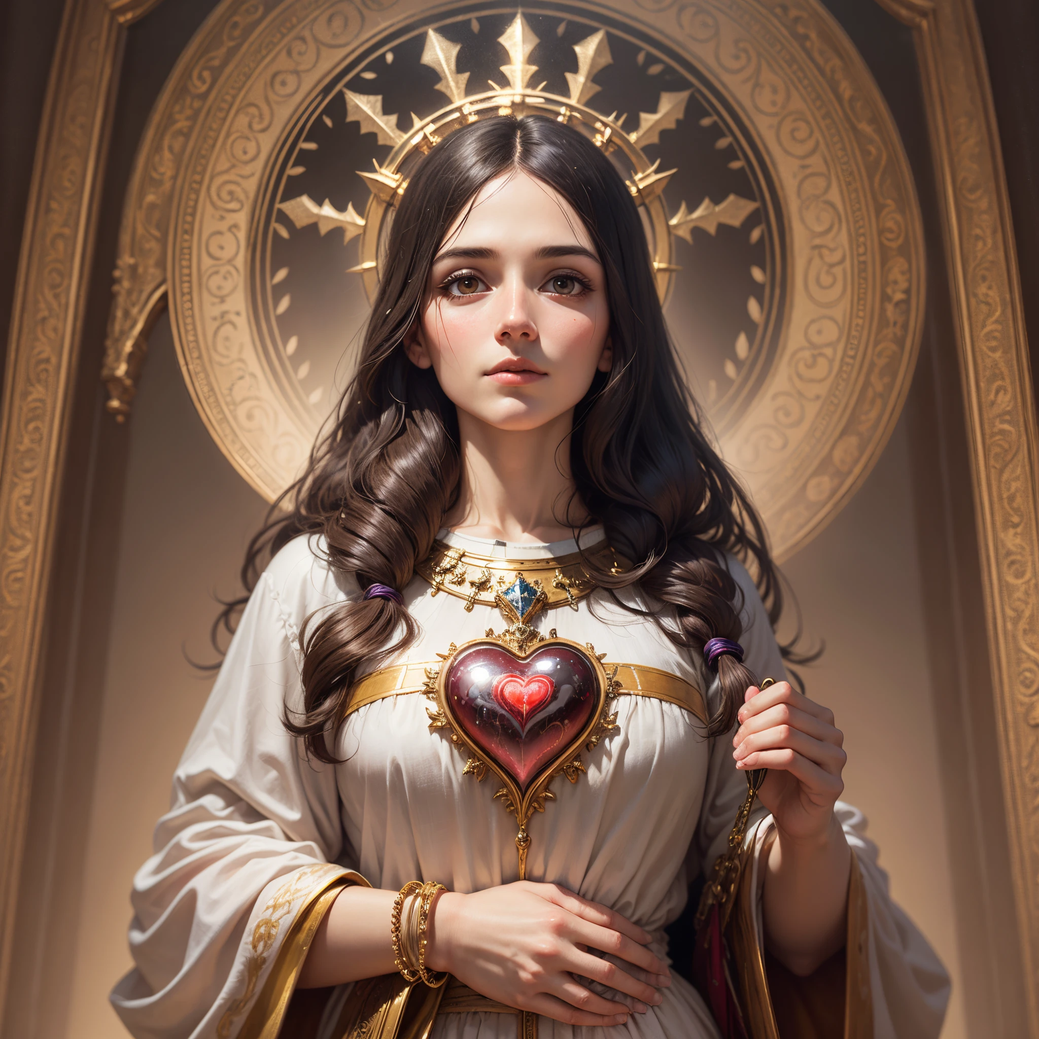 Sacred Heart of Mother Jesus Christ, with radiant Sacred Heart, in style of artist Carl Bloch, detailed face, gentle eyes, looking straight, radiant behind, hyperdetailed, high resolution --auto --s2