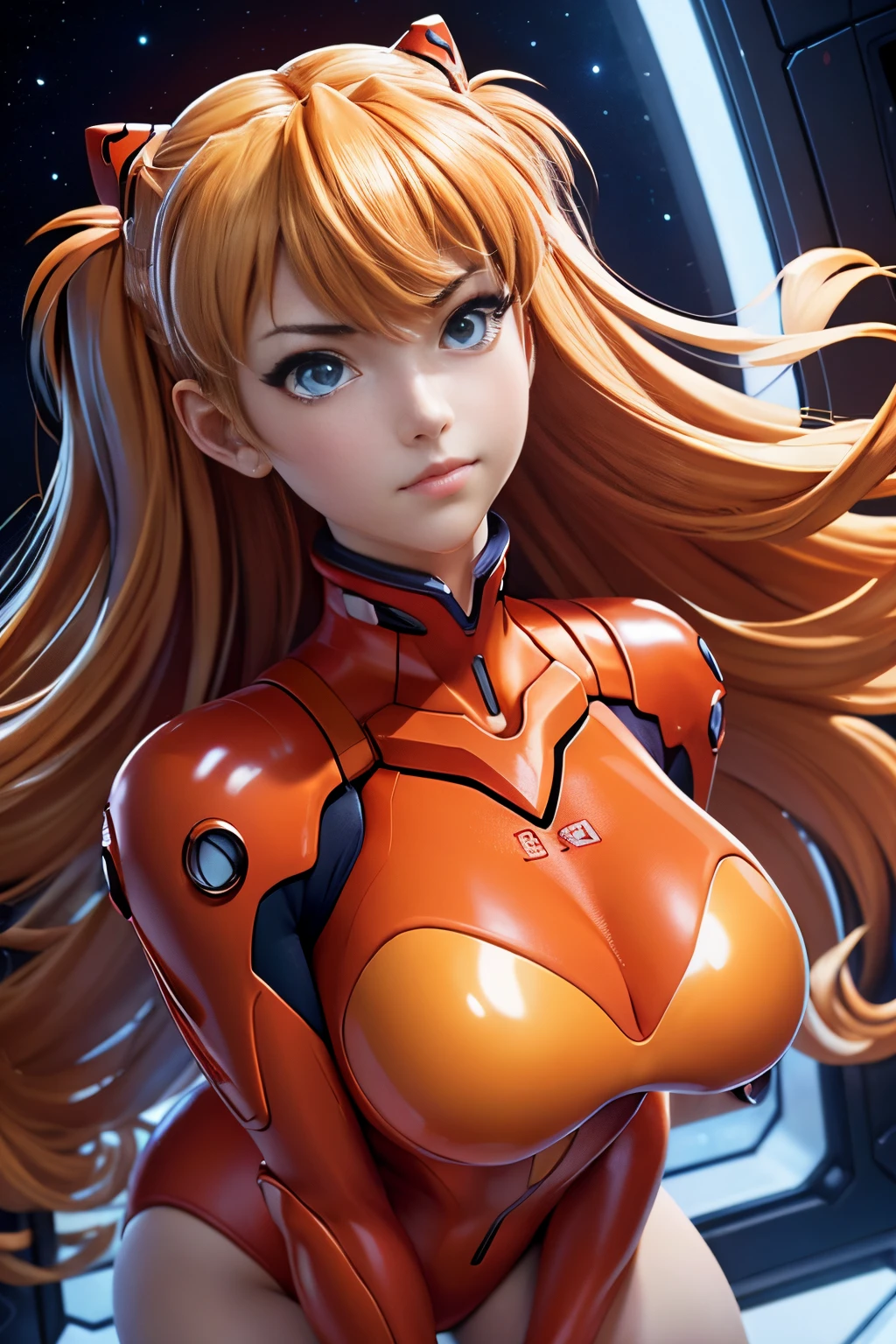 Asuka langley evangelion, a stunning young woman, beautiful, cute, full lips, happy, horny, arms up and hands behind head, trendy attire, wearing red latex leotard, realistic, super detail, ((masterpiece)), (cinematic lighting), ((dark lighting)), large perky breasts, huge thigh gap, thin body, lean body, fit butt, bare butt cheeks tiny waist