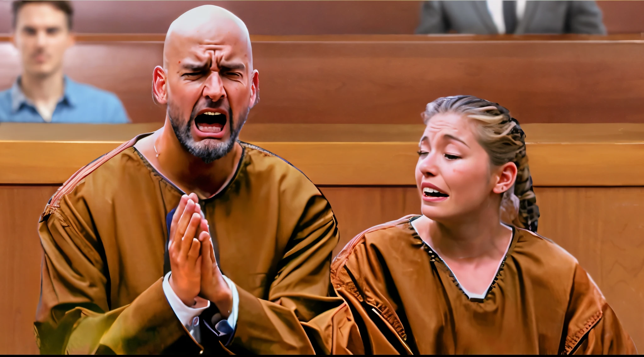 there is a bald man and a blond woman wearing prison suit, criminals sitting in court , menacing, courtroom scene, court session images, court images, in a courtroom, criminals, seated in court, bald man crying begging for help, bald man shouting and praying , blond woman crying facing the bald man, background is courtroom with witness. realistic image, 16k resolution,