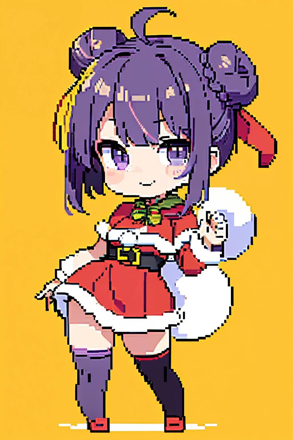 ((Best Quality)), (((masuter piece)))、Solo、Perfect face,(((Violet hair)))、(bobhair)、short-hair、(((two bun hairstyle)))、Ahoge、A smile、((Santa Claus Costume))、(((black knee high socks)))、hoodie style costume、sunflower accessories、sunflower hair tie、((Pixel art))、((Pixel art)),the pose、((Chibi Chara))、