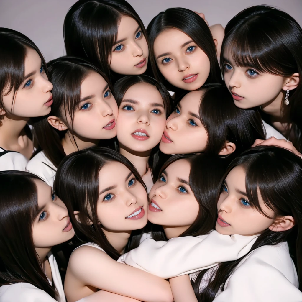 Raw photo、((5girls)),Open eyes、Five ***********s kissing and loving each other、The same face、A dark-haired、a smile、same person、(lesbian orgy)