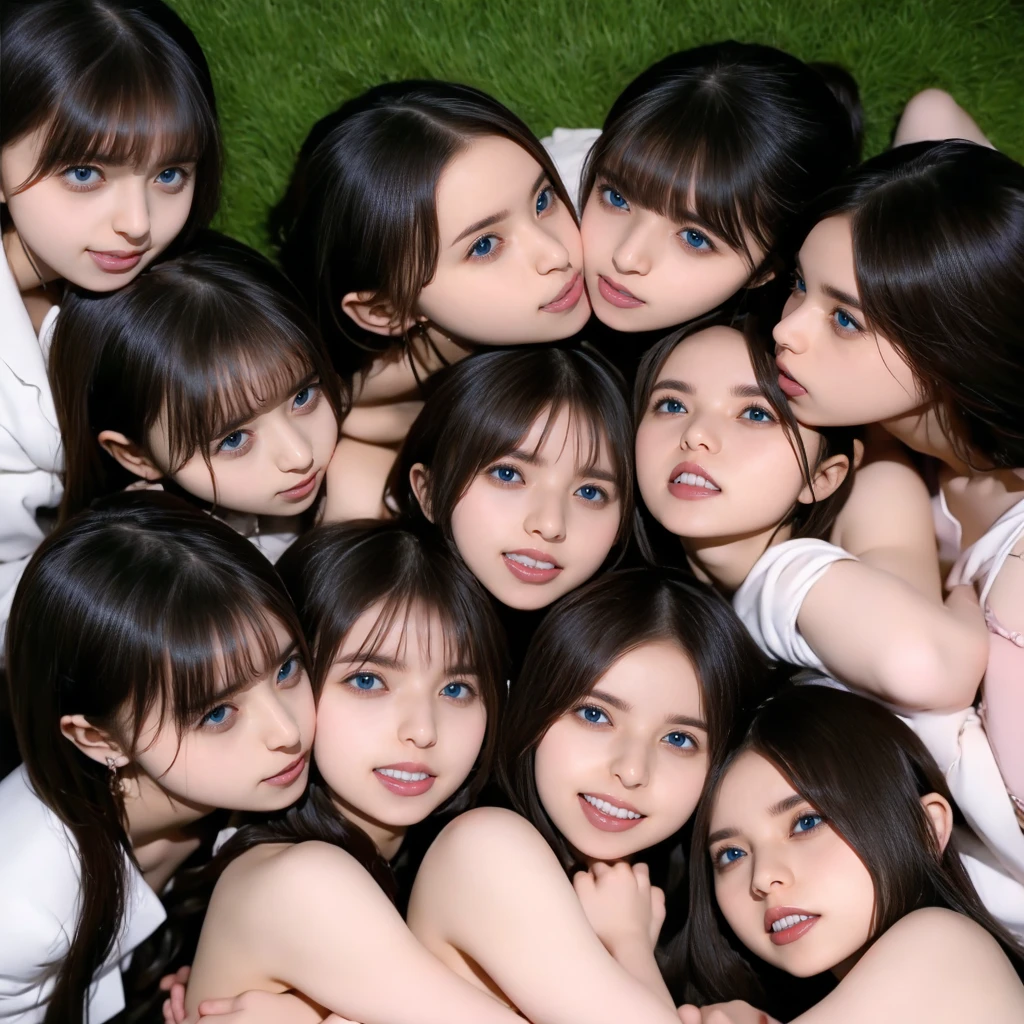 Raw photo、((5girls)),Open eyes、Five ***********s kissing and loving each other、The same face、A dark-haired、a smile、same person、(lesbian orgy)