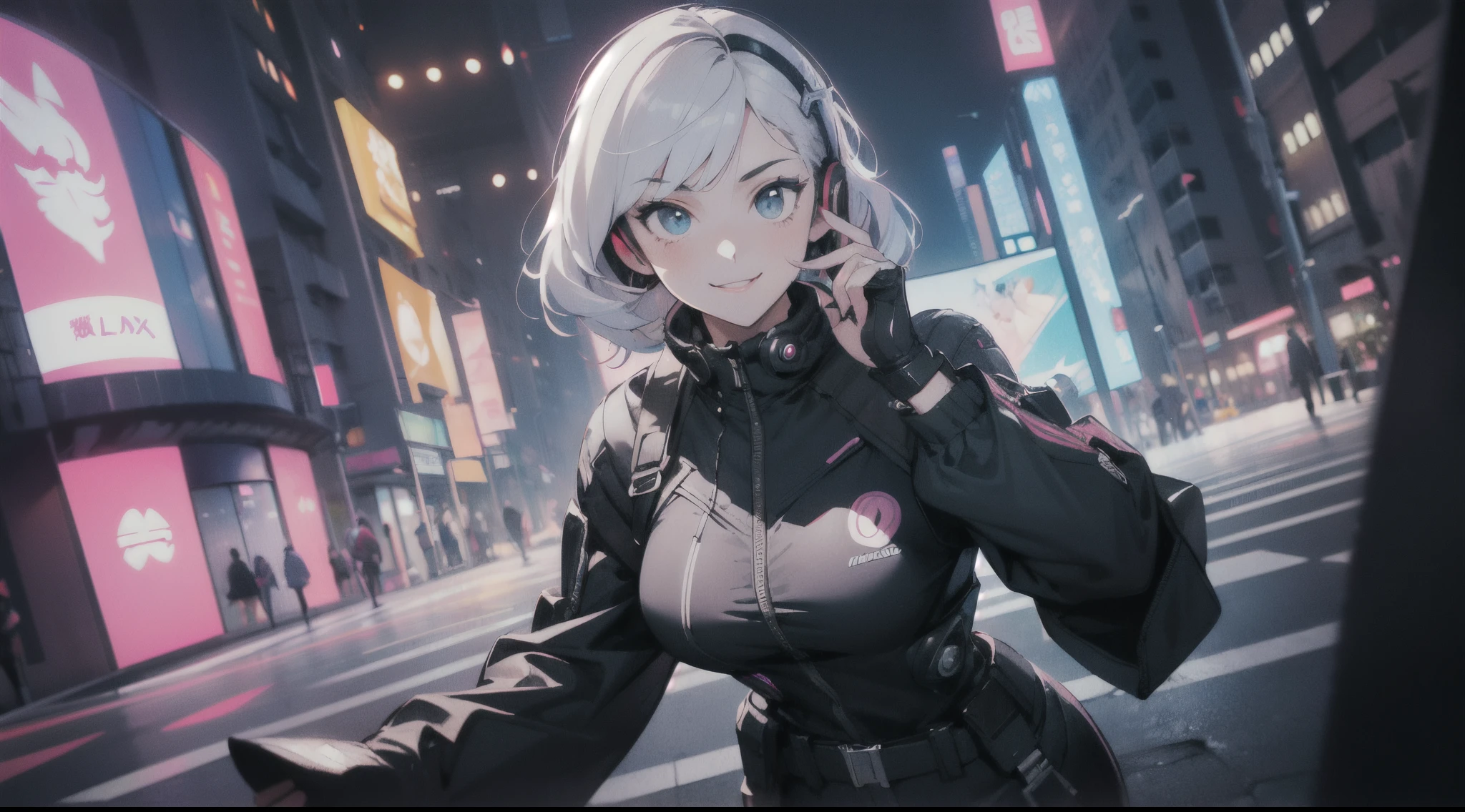 ((cyberpunk)),optical camouflage、headphone jack、Neon light、cidade do futuro、Shiny jumpsuit、(1girl em, sozinho:1.6),(sorriso bonito),(The clothes are ), (Melhor Impacto:1.5), (maximalismo:1.7), Vivid contrast, (Realistic), Hyperrealistic illustrations, alta resolução, ultra-detalhada, arte absurdereractal:1.3)、Hairstyle Random、Random colored hair color、TIRO DE CORPO INTEIRO、retro、foco preciso、randome pose、cinema4d、Drama