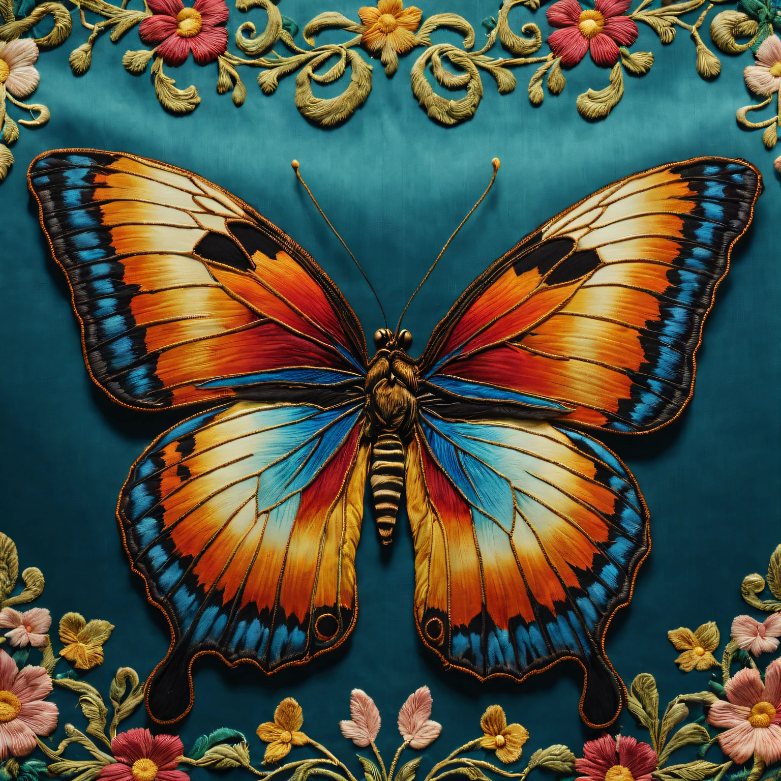 (ultra - detailed, actual:1.37) embroidered a butterfly on silk, vivd colour, delicate wings, Intricate patterns, Lifelike details, Complex pins, fine needlework, Precise shadows, image in high resolution, Textile art, Textile texture, creative composition, Professional craftsmanship, colored lines, Meticulous line work, delicate craftsmanship, Luzes Realistas, art-deco, closeup view.