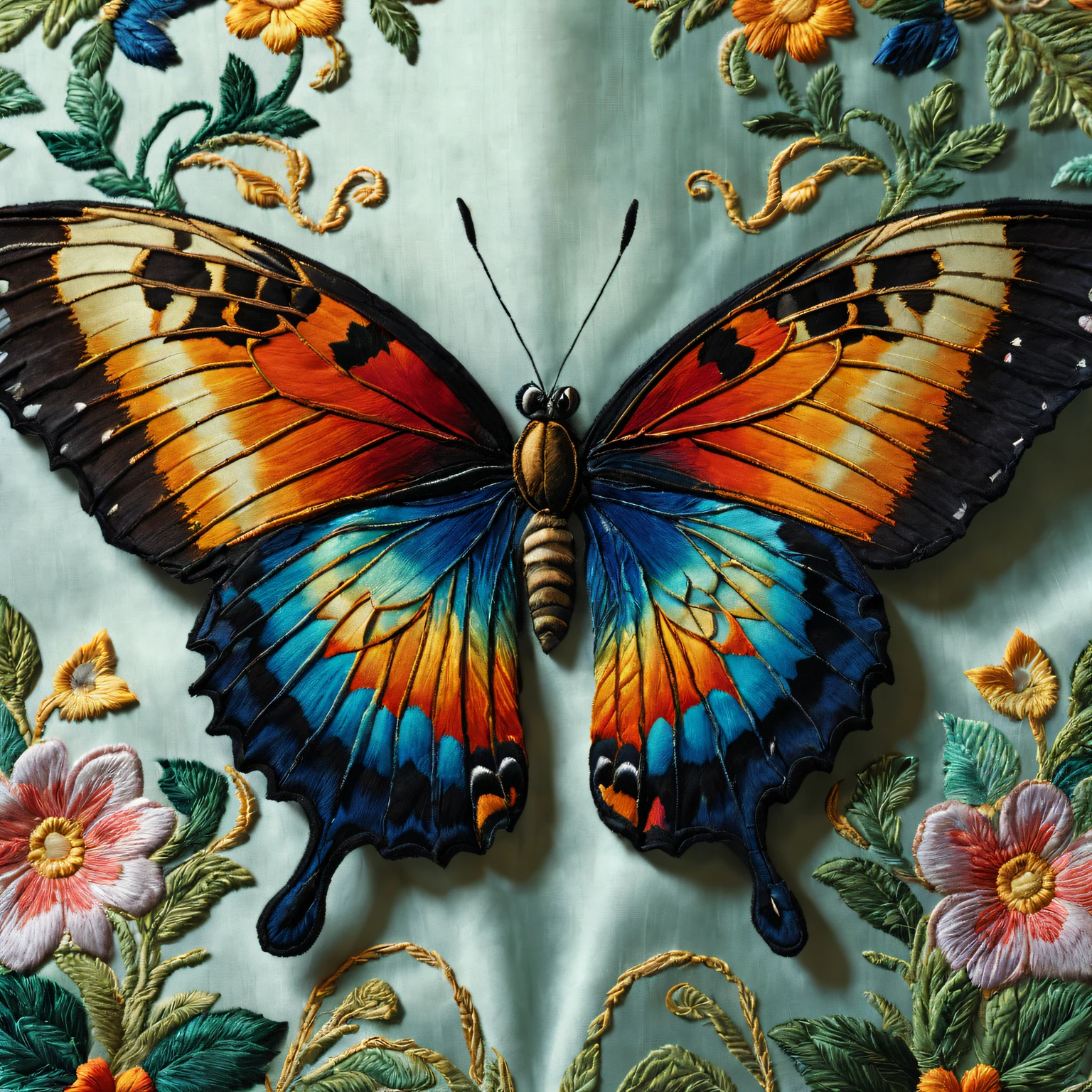 (ultra - detailed, actual:1.37) embroidered a butterfly on silk, vivd colour, delicate wings, Intricate patterns, Lifelike details, Complex pins, fine needlework, Precise shadows, image in high resolution, Textile art, Textile texture, creative composition, Professional craftsmanship, colored lines, Meticulous line work, delicate craftsmanship, Luzes Realistas, art-deco, closeup view.