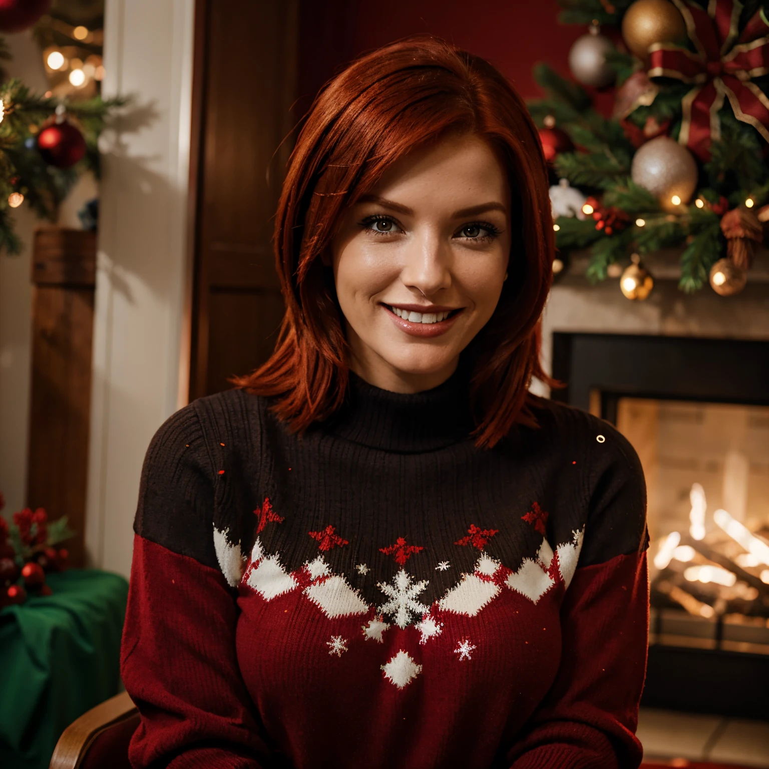 Red head femshep wearing Christmas sweater and smiling, mass effect,