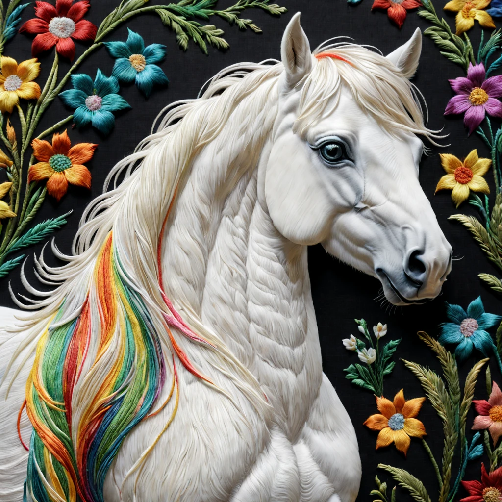 (ultra-detailed, realistic:1.37) Embroidery rainbow little white horse on silk，finely detailled，Subtle lighting effects，Elegant horse mane embroidery artwork，Bright cheerful rainbow colors，Happy and lively composition，Elaborately embroidered grass and flowers，Realistic texture elements，Stunning embroidery craftsmanship，A harmonious blend of creativity and craftsmanship。