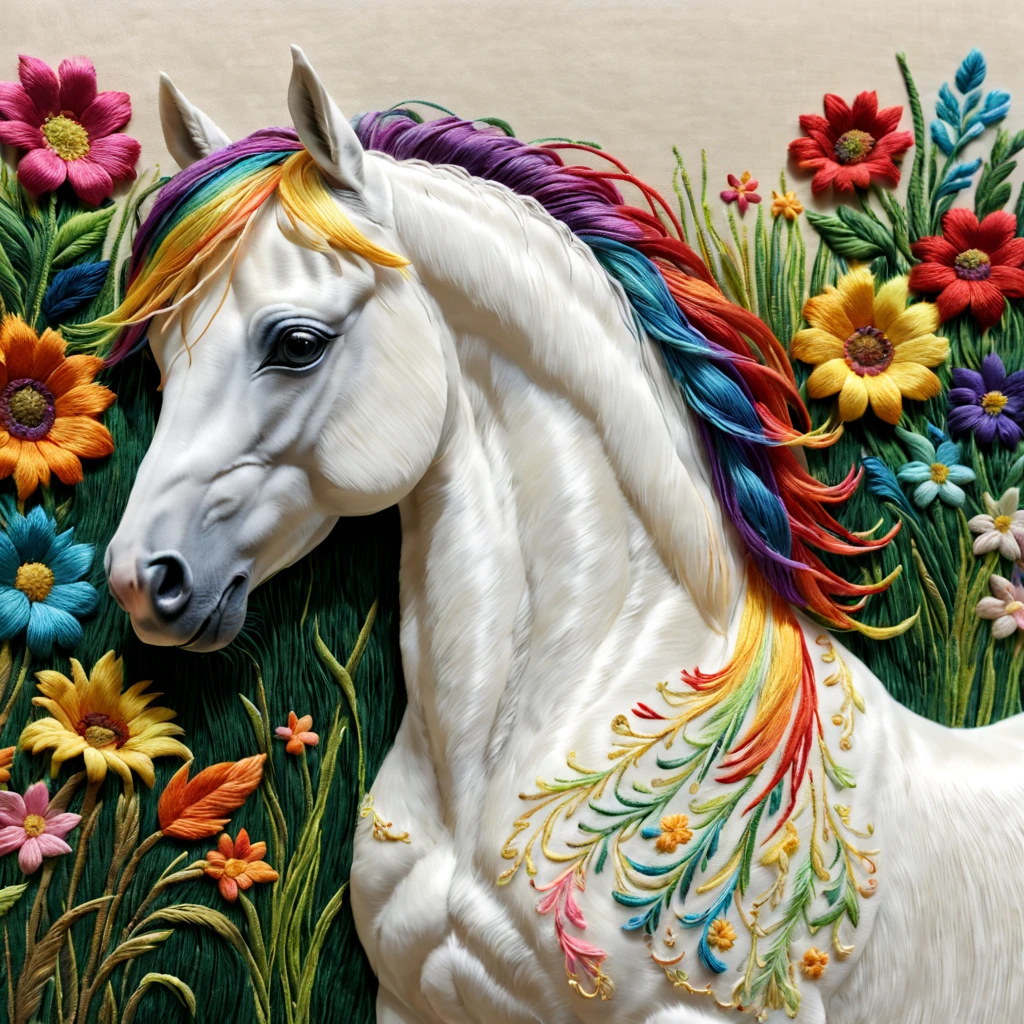 (ultra-detailed, realistic:1.37) Embroidery rainbow little white horse on silk,finely detailled,Subtle lighting effects,Elegant horse mane embroidery artwork,Bright cheerful rainbow colors,Happy and lively composition,Elaborately embroidered grass and flowers,Realistic texture elements,Stunning embroidery craftsmanship,A harmonious blend of creativity and craftsmanship。