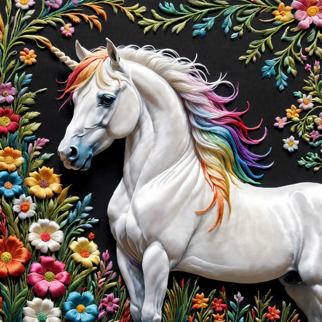 (ultra-detailed, realistic:1.37) Embroidery rainbow little white horse on silk,finely detailled,Subtle lighting effects,Elegant horse mane embroidery artwork,Bright cheerful rainbow colors,Happy and lively composition,Elaborately embroidered grass and flowers,Realistic texture elements,Stunning embroidery craftsmanship,A harmonious blend of creativity and craftsmanship。