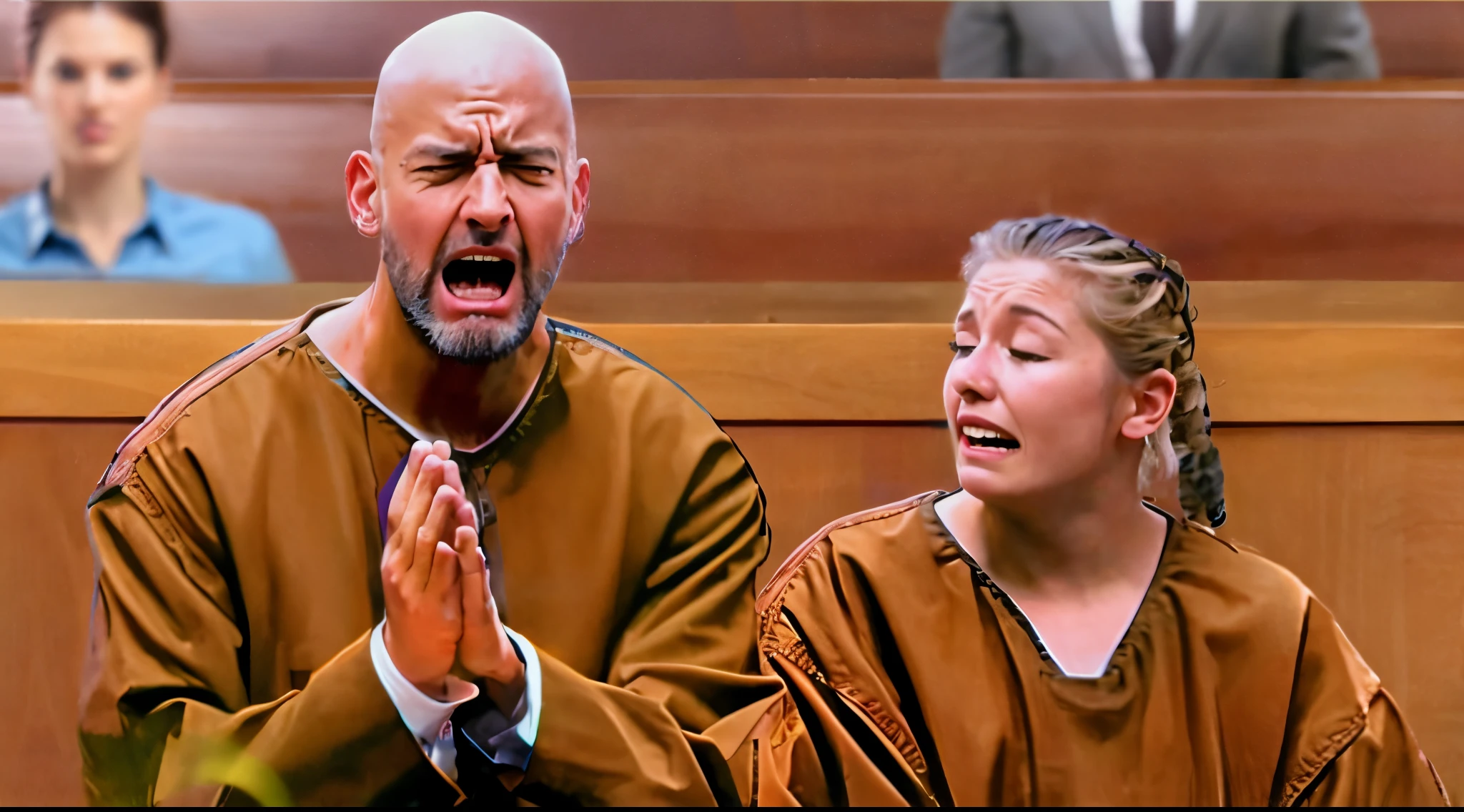 there is a bald man and a blond woman wearing prison suit, criminals sitting in court , menacing, courtroom scene, court session images, court images, in a courtroom, criminals, seated in court, bald man crying begging for help, bald man shouting and praying , blond woman crying facing the bald man, background is courtroom with witness. realistic image, 16k resolution,