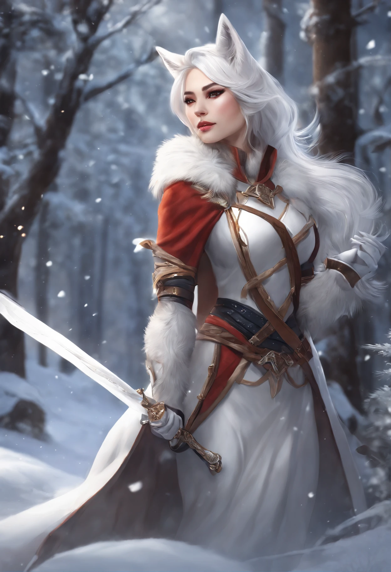 Anime - illustration in the style of a woman, dressed like a fox, in a snowy forest setting, white - haired fox, art of silverfox, fox nobushi, extremely detailed artgerm, a beautiful fox lady, style artgerm, Armor dress, Inspired by Kitsune, Dark Fox Mage, commission for high res, Yang J, ig model | artgerm