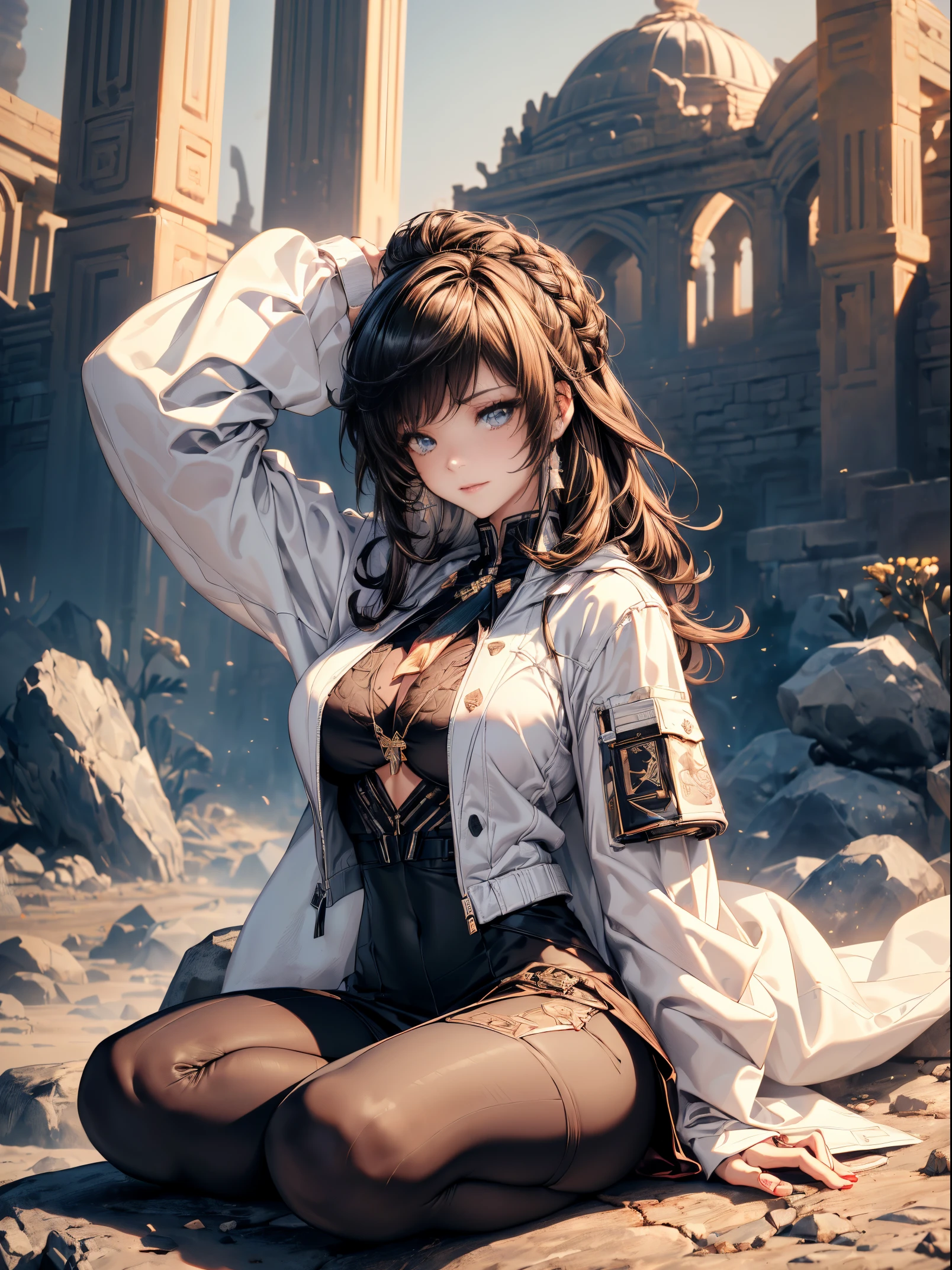 Image Board, Mature woman with long black hair and white outfit, (on a rock in the desert:1.5), (Rest in an oasis:1.2, carry a metal water bottle:1.3, sitting with  spreading legs:1.5, yoga pose, Cross-legged:1.3, Indian style, In front of Arabian ruins:1.2), arabic, (postapocalyptic:0.2), from arknights, artwork in the style of guweiz, Bodis Subian, Fine details. girls' frontline, Beautiful anime illustrations, from girls frontline, by Yang J, Stunning, 26 years old, (A MILF:1.3), (Solo:1.5), (SFW:1.25), Sagging breast, Fuge Breast, Big Tits, thin waist, Big ass, Raised sexy, (Dark Mahogany Medium Shorthair, Upstyle, Hair over one eye, asymmetric hair, Curly hair, Lotay Brazzleman, White headscarf, shairband, Bandage on the head, turban), (Ultra High Resolution, 8k RAW photo, photographrealistic, thin outline:1.3, Sharp focus quality, Natural lighting, textile shading, blurry backround, depth of fields, Bokeh, (Bright pupils, fine detailed beautiful eyes, high detailed face), Red Lip, Looking away, (Dynamic Angle:1.2, Front view:1.2, Breast Focus:1.3, From  above:1.1), Dynamic Posing, (Sexy Posing:1.2, Leaning forward), Seductive smiling, Center Image, (Wearing a long white jacket and clothes, Wearing white Robea chest:1.37)), Platinum Ornament, Wrap white clothes around your waist, Long leather boots in camel brown:1.3, Translucent lace pantyhose), ((Correct anatomy:1.5)), ((plein air:1.2, in night:1.3)),