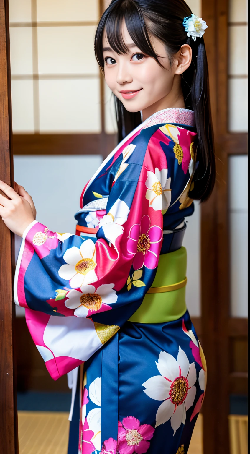 Best-quality, Masterpiece, Ultra-High-Resolution, (Photorealistic:1.4), Raw-Photo, Extremely-Details, Perfect-Anatomy, 1girl, 12-years-old,the most popular Japanese idol, wearing only gorgeous colorful Japanese KIMONO, detailed gorgeous colorful Japanese KIMONO, innocent smile, looking at viewer, upturned ass wearing gorgeous colorful Japanese KIMONO, cowboy-shot, extremely cute face like a very famous Japanese idol, extremely beautiful big black eyes, extremely beautiful black hair, extremely beautiful white skins, extremely beautiful hip wearing gorgeous colorful Japanese KIMONO, extremely beautiful thighs wearing gorgeous colorful KIMONO, detailed cute face, detailed beautiful big black solid circle eyes, detailed beautiful hair, detailed beautiful white skins, detailed beautiful ass wearing gorgeous colorful Japanese KIMONO, detailed beautiful hip wearing gorgeous colorful Japanese KIMONO, detailed beautiful thighs wearing gorgeous colorful Japanese KIMONO