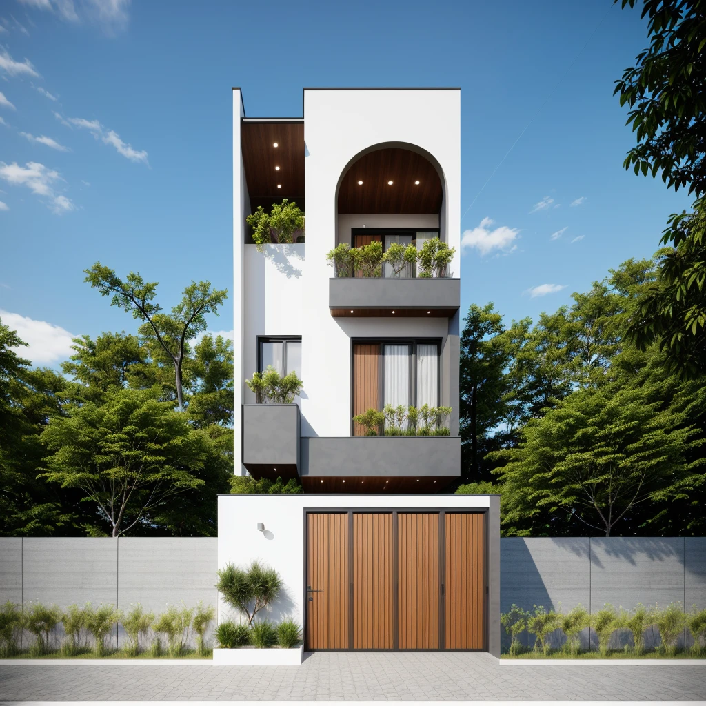 1 morden architect, main material by white wall and wood, 1large yard, 1 road runs in front of the house,  (RAW photo, real, best quality, masterpiece:1.2), look morden minimalist, 1 road in front of the house, dynamic lighting:1.3, (hyper realistic, photo-realistic:1.2), high quality, (dark lighting:1.2), perfect lighting, archdaily, no human