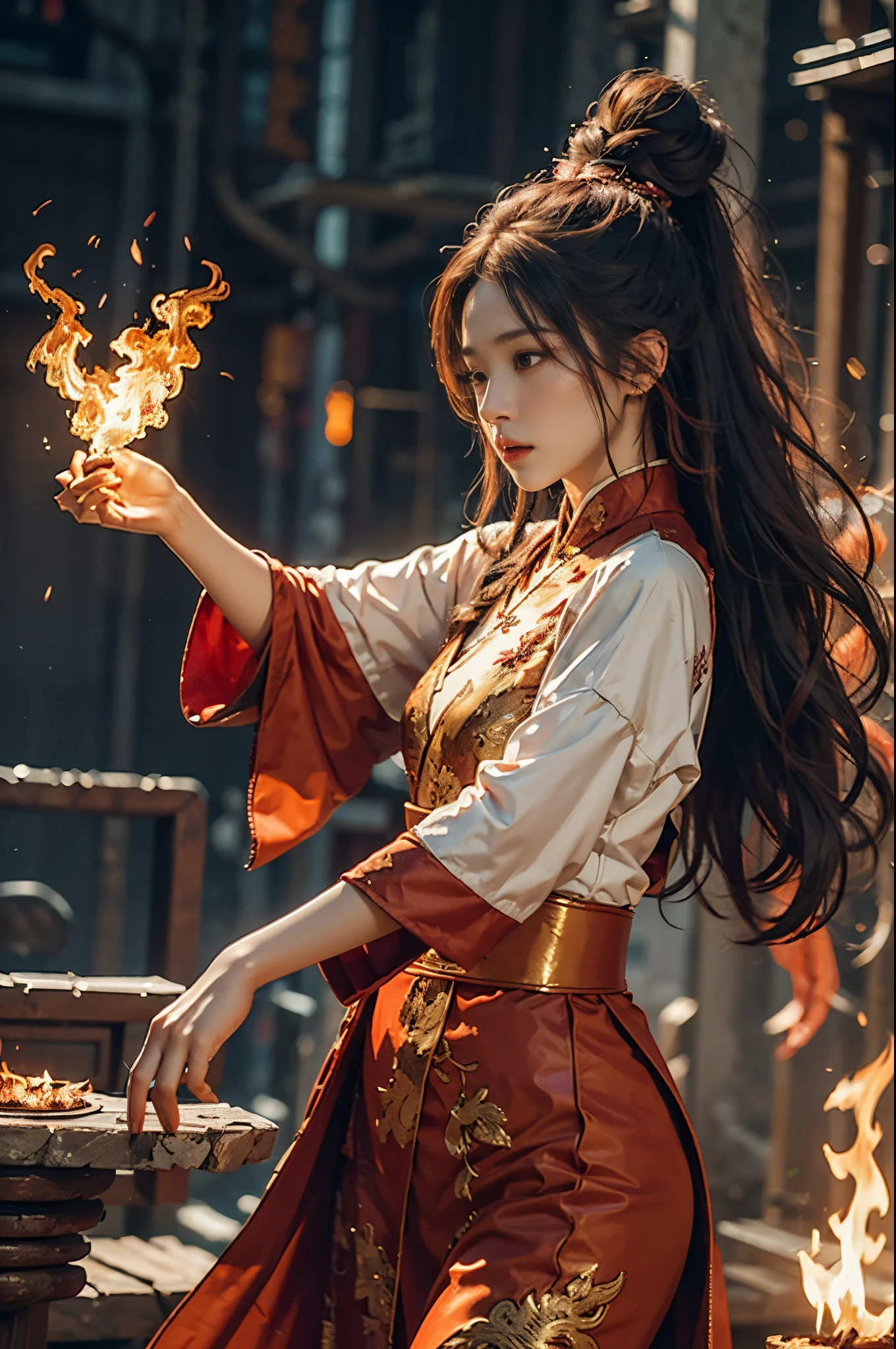 1 Sister, The fiery red-robed muscle mage(Chinese Hanfu),The robe is embroidered with intricate runes,Decorated with burning aroma。He was tall and strong,Raise Hand,Powerful fire spells are being unleashed。His eyes were firm and sharp,A flaming eye appeared on the flame mage's body,yuhuo,It sparkles,danceorm spectacular flame hexagonal star pattern,Full of mysterious magic,The whole scene is full of fiery atmosphere,A fire fighting spell bloomed in the air,Form a gorgeous flame arc,Sparkling mage and phoenix),Look majestic and mysterious in the raging fire,Like the embodiment of fire and magic,red hair clotheust photo)),(real photograph:1.4),(lightand shade contrast),电影灯光,Realistic special effects,Ray traching,super detailing,hyper HD,tmasterpiece,Anatomical correct,Best quality at best,A high resolution,8K