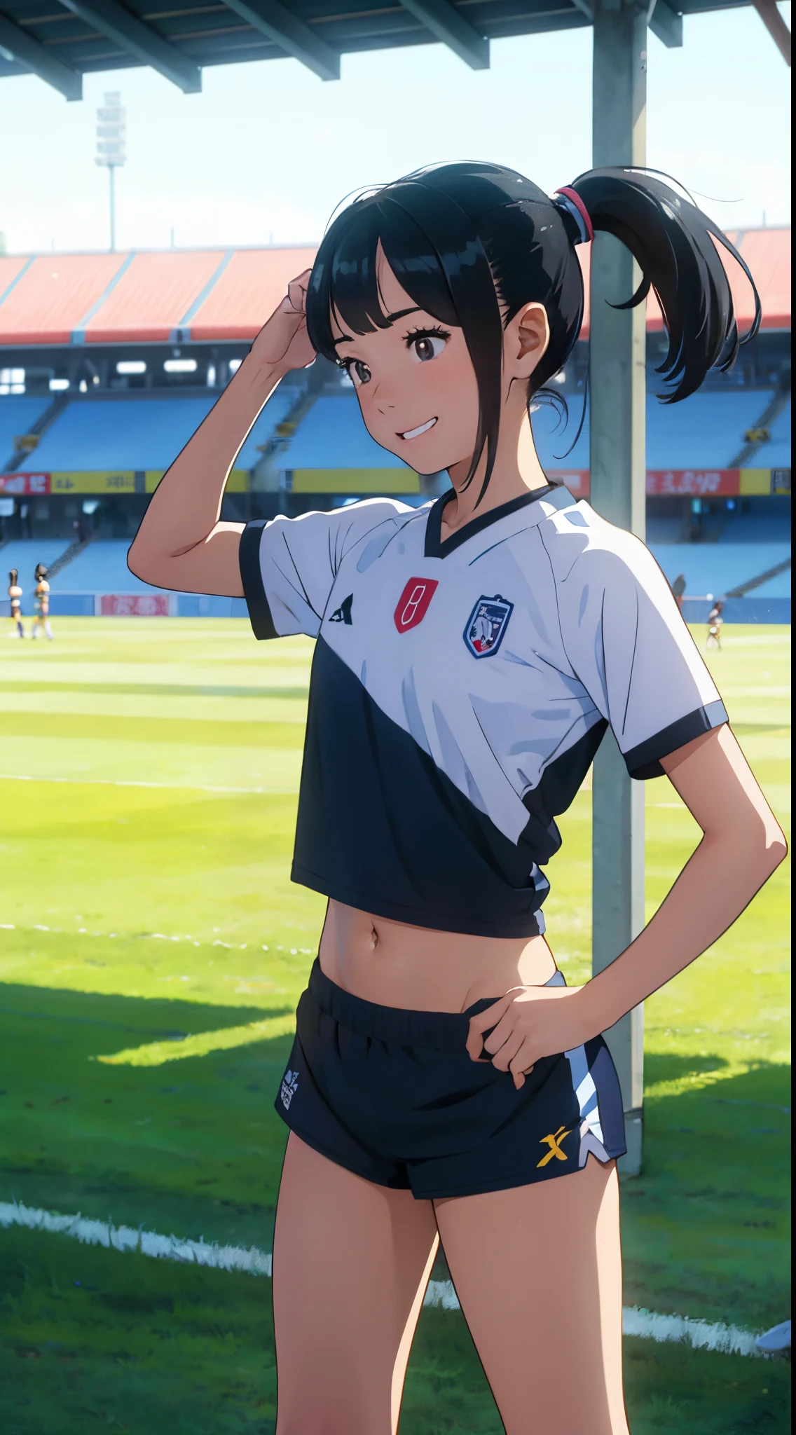 small、an 18 year old girl、pony tails、quality、masterpiece、超高分辨率、(真实感:1.4)、The is very detailed、Professional lighting smile、play soccer、stadio、Skinny sticky crop top and shorts、kawaii、perspired、Positive、Sano --auto