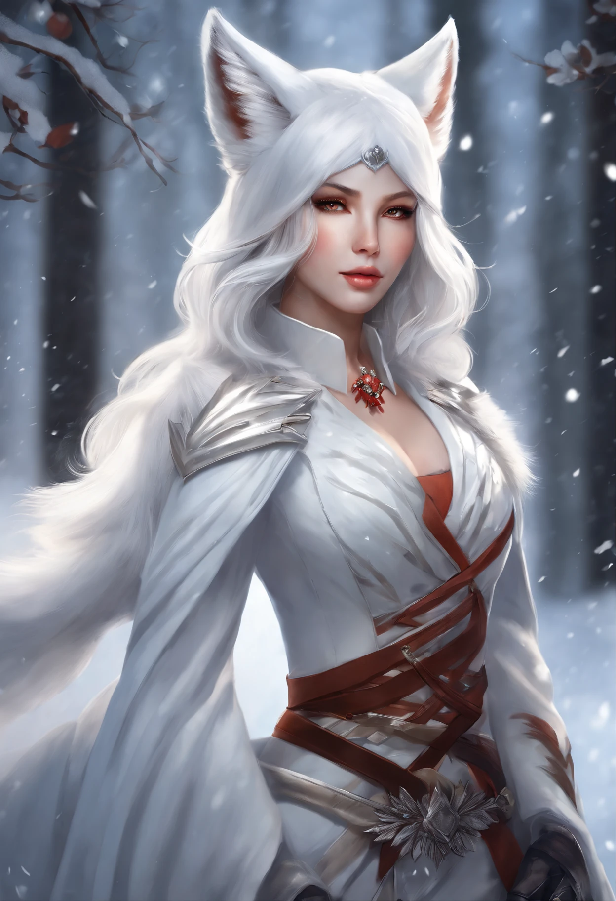 Anime - illustration in the style of a woman, dressed like a fox, in a snowy forest setting, white - haired fox, art of silverfox, fox nobushi, extremely detailed artgerm, a beautiful fox lady, style artgerm, Armor dress, Inspired by Kitsune, Dark Fox Mage, commission for high res, Yang J, ig model | artgerm