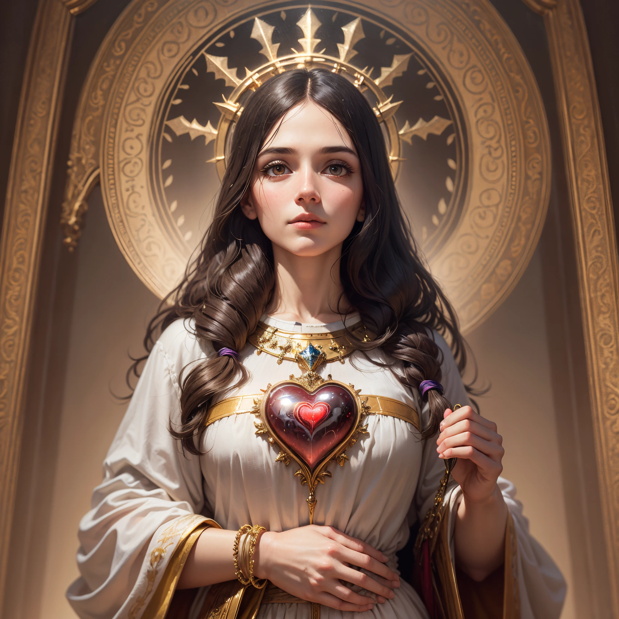 Sacred Heart of Mother Jesus Christ, with radiant Sacred Heart, in style of artist Carl Bloch, detailed face, gentle eyes, looking straight, radiant behind, hyperdetailed, high resolution --auto --s2