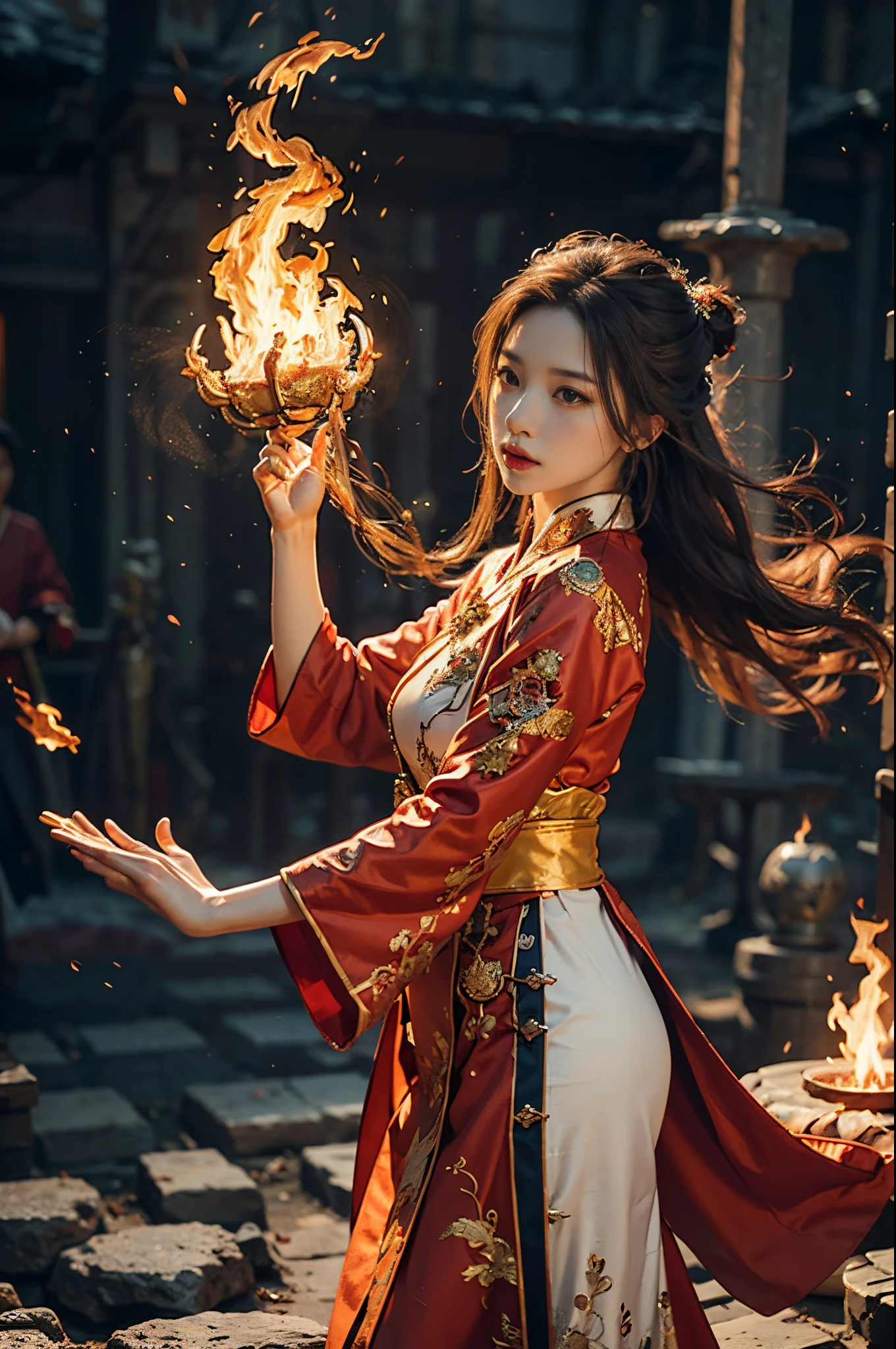 1 Sister, The fiery red-robed muscle mage(Chinese Hanfu),The robe is embroidered with intricate runes,Decorated with burning aroma。He was tall and strong,Raise Hand,Powerful fire spells are being unleashed。His eyes were firm and sharp,A flaming eye appeared on the flame mage's body,yuhuo,It sparkles,danceorm spectacular flame hexagonal star pattern,Full of mysterious magic,The whole scene is full of fiery atmosphere,A fire fighting spell bloomed in the air,Form a gorgeous flame arc,Sparkling mage and phoenix),Look majestic and mysterious in the raging fire,Like the embodiment of fire and magic,red hair clotheust photo)),(real photograph:1.4),(lightand shade contrast),电影灯光,Realistic special effects,Ray traching,super detailing,hyper HD,tmasterpiece,Anatomical correct,Best quality at best,A high resolution,8K