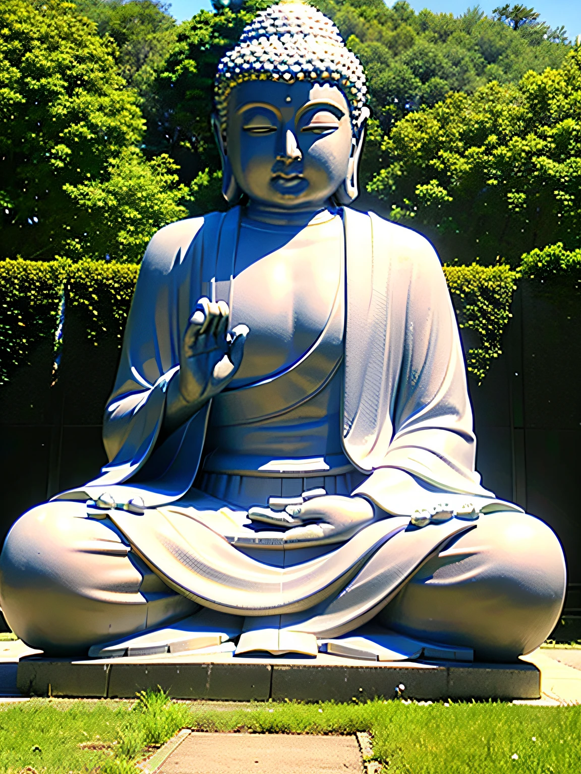 shot from far away,On a meadow,flowers blooming,The sky is blue,The background is blue sky,clouds,There is the sun in the sky,There is a huge white Buddha statue on the lotus seat,The Buddha statue clasped his hands together,rays of sunshine,フォトリアリスティック