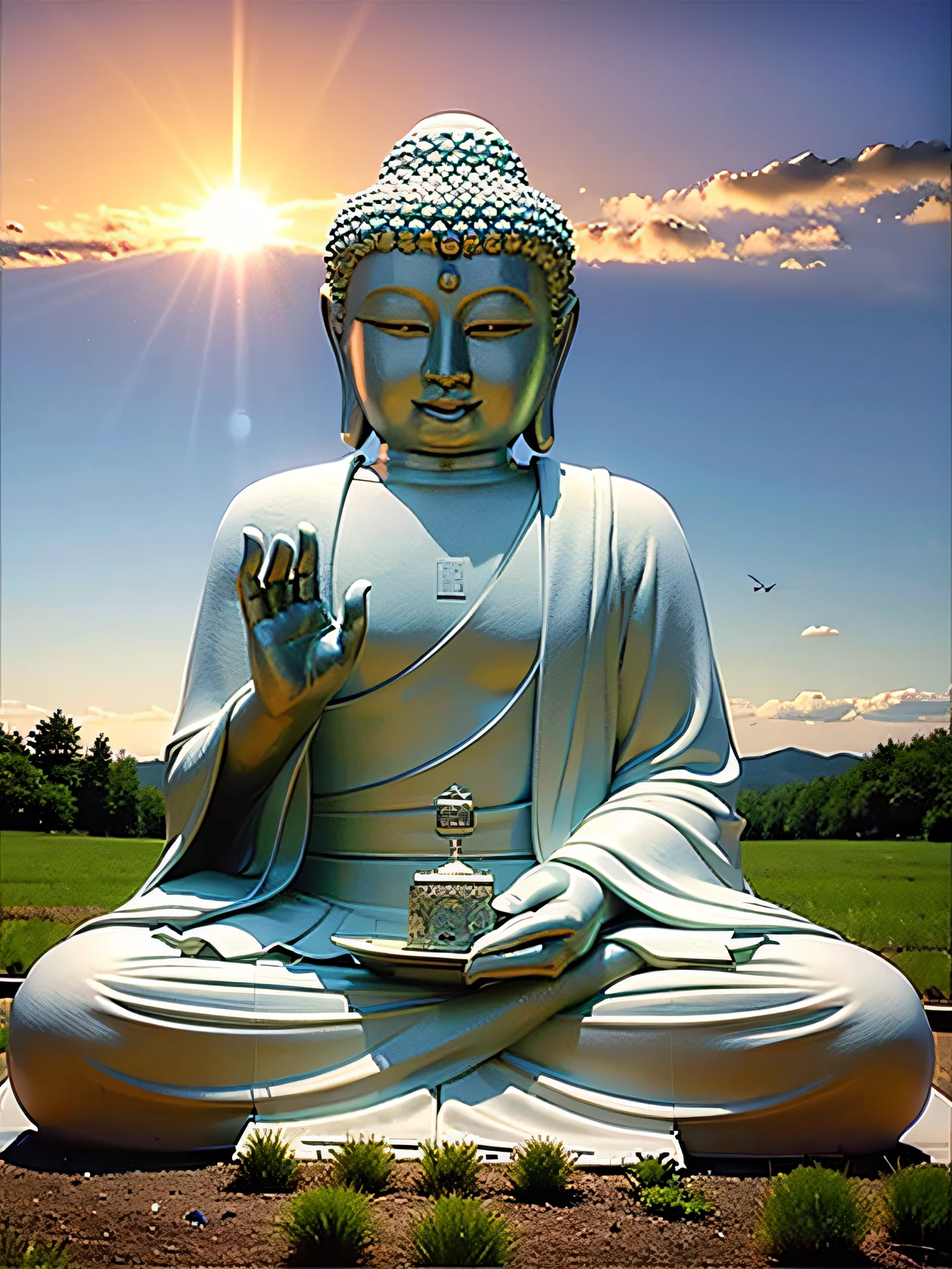shot from far away,On a meadow,flowers blooming,The sky is blue,The background is blue sky,clouds,There is the sun in the sky,There is a huge white Buddha statue on the lotus seat,The Buddha statue clasped his hands together,rays of sunshine,フォトリアリスティック