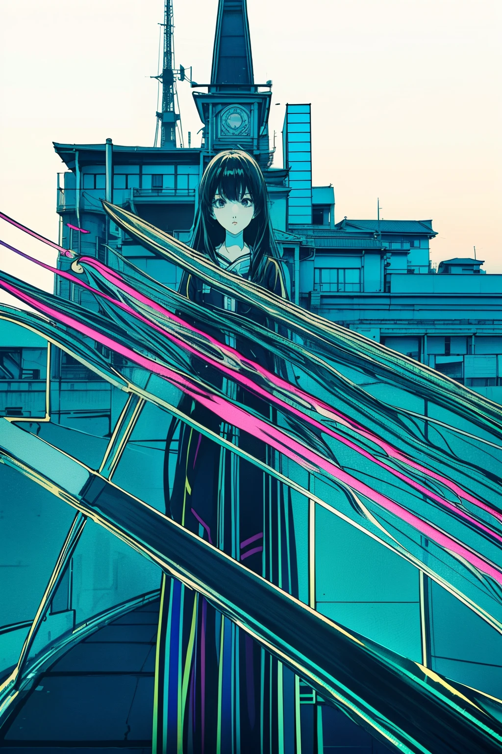 Alone_Girl high 、The action is exaggerated、((quality、8K、tmasterpiece:1.3))、(Clear focus:1.2)、(Manhwa Style),(Popular inspiration),(linear art_jpn)、(pastelcolor:1.2),(the complex background:1.2),(Lola:Add more details:1.2)、Clear silhouette、sharp lines background、iiffel tower