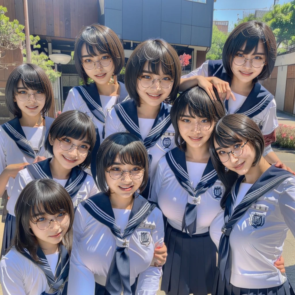 Raw photo、(((multiple girls))),((((6+girls)))),((((100girls)))),(((1000girls)))、((((100 Girls))))、((((Gigantic Breasts))))、Women only、The same face、matching school uniform、、A dark-haired、100 cute girls going to school、a smile、Commuting to school、School route、In the street、selfee、same person、(((Large group)))、a junior high school student