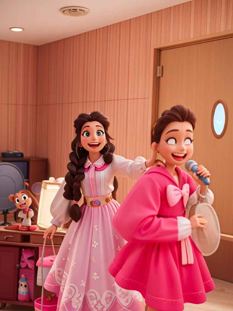a Disney Character woman with braided hair, standing in a room with a microphone, she expressing joy, with a happy expression, she is smiling and excited, candid picture, exciting expression, candid photograph, high quality picture, candid shot,candid portrait photo, plain solid background,