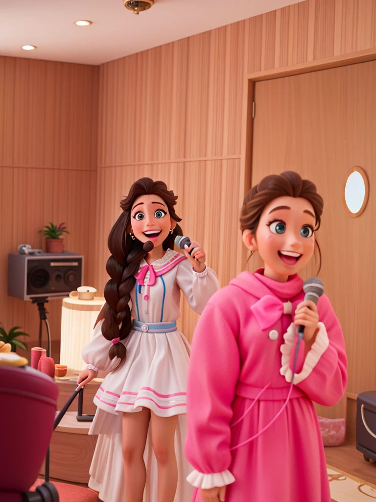 a Disney Character woman with braided hair, standing in a room with a microphone, she expressing joy, with a happy expression, she is smiling and excited, candid picture, exciting expression, candid photograph, high quality picture, candid shot,candid portrait photo, plain solid background,