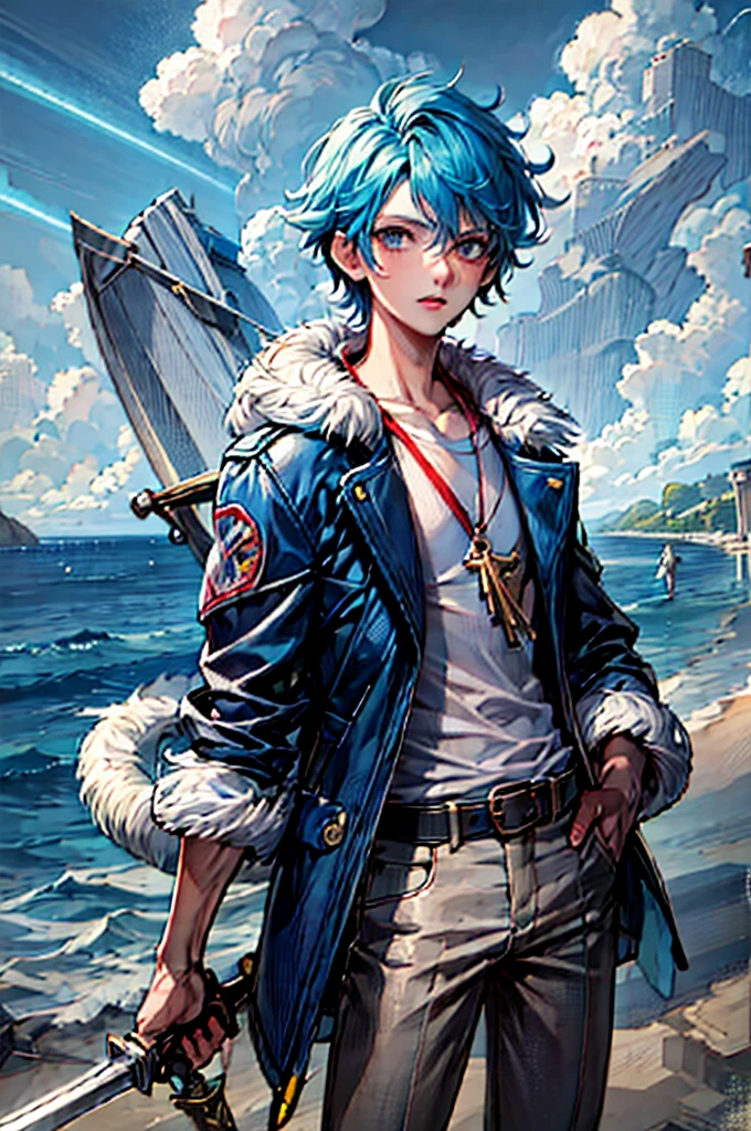 a man with blue hair and a blue jacket holding a sword, detailed key anime art, detailed digital anime art, detailed anime character art, 2 d anime style, wallpaper anime blue water, high detailed official artwork, 4 k manga wallpaper, highly detailed exquisite fanart, high quality anime artstyle, anime art wallpaper 8 k, key anime art, badass anime 8 k