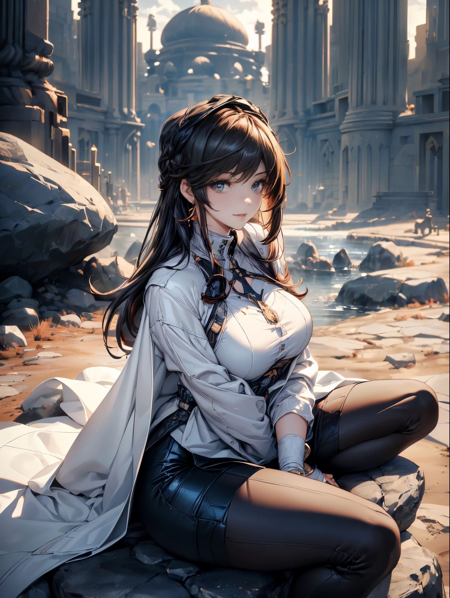 Image Board, Mature woman with long black hair and white outfit, (on a rock in the desert:1.5), (Rest in an oasis:1.2, carry a metal water bottle:1.3, sitting with spreading legs:1.5, yoga pose, Cross-legged:1.3, Indian style, In front of Arabian ruins:1.2), arabic, (postapocalyptic:0.2), from arknights, artwork in the style of guweiz, Bodis Subian, Fine details. girls' frontline, Beautiful anime illustrations, from girls frontline, by Yang J, Stunning, 26 years old, (A MILF:1.3), (Solo:1.5), (SFW:1.25), Sagging breast, Fuge Breast, Big Tits, thin waist, Big ass, Raised sexy, (Dark Mahogany Medium Shorthair, Upstyle, Hair over one eye, asymmetric hair, Curly hair, Lotay Brazzleman, White headscarf, shairband, Bandage on the head, turban), (Ultra High Resolution, 8k RAW photo, photographrealistic, thin outline:1.3, Sharp focus quality, Natural lighting, textile shading, blurry backround, depth of fields, Bokeh, (Bright pupils, fine detailed beautiful eyes, high detailed face), Red Lip, Looking away, (Dynamic Angle:1.2, Front view:1.2, Breast Focus:1.3, From above:1.1), Dynamic Posing, (Sexy Posing:1.2, Leaning forward), Seductive smiling, Center Image, (Wearing a long white jacket and clothes, Wearing white Robea chest:1.37)), Platinum Ornament, Wrap white clothes around your waist, Long leather boots in camel brown:1.3, Translucent lace pantyhose), ((Correct anatomy:1.5)), ((plein air:1.2, in night:1.3)),
