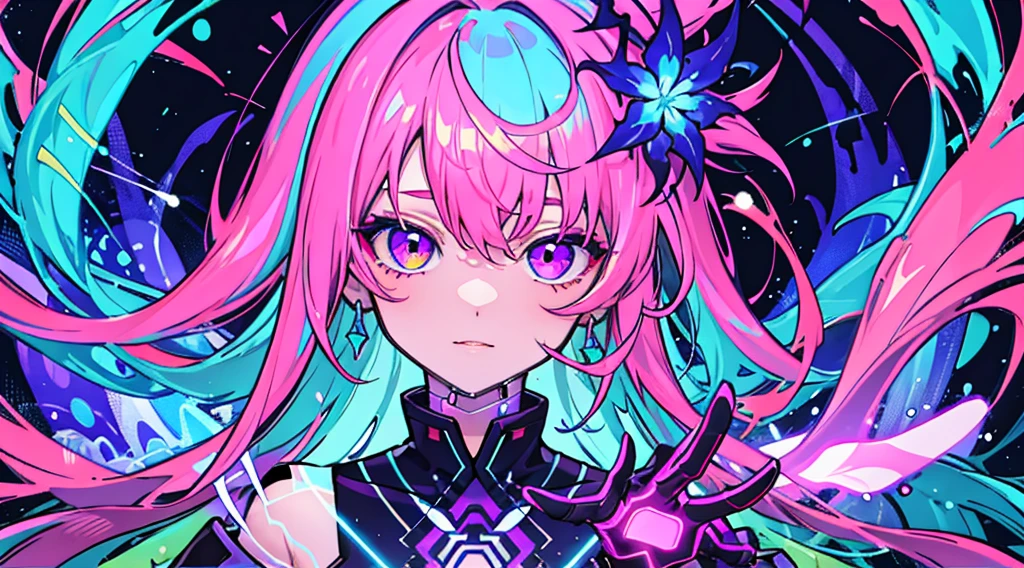 (close up), portrait, portrait, (solo), masterpiece, top quality, high contrast clothes, psychedelic, [[[lsd]]], particles, bloom, neon lighting, (glow), flat color, colored splashing, color mashing