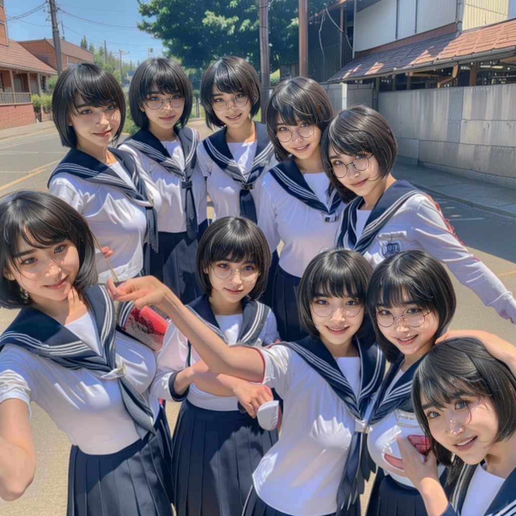 Raw photo、(((multiple girls))),((((6+girls)))),((((100girls)))),(((1000girls)))、((((100 Girls))))、((((Gigantic Breasts))))、Women only、The same face、matching school uniform、、A dark-haired、100 cute girls going to school、a smile、Commuting to school、School route、In the street、selfee、same person、(((Large group)))、a junior high school student