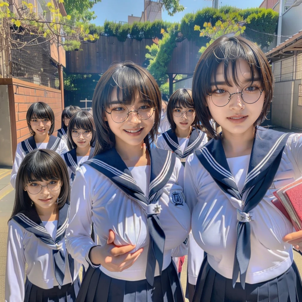 Raw photo、(((multiple girls))),((((6+girls)))),((((100girls)))),(((1000girls)))、((((100 Girls))))、((((Gigantic Breasts))))、Women only、The same face、matching school uniform、、A dark-haired、100 cute girls going to school、a smile、Commuting to school、School route、In the street、selfee、same person、(((Large group)))、a junior high school student