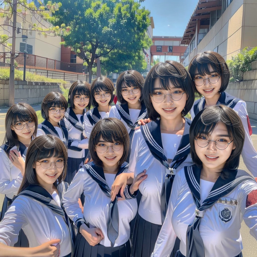 Raw photo、(((multiple girls))),((((6+girls)))),((((100girls)))),(((1000girls)))、((((100 Girls))))、((((Gigantic Breasts))))、Women only、The same face、matching school uniform、、A dark-haired、100 cute girls going to school、a smile、Commuting to school、School route、In the street、selfee、same person、(((Large group)))、a junior high school student