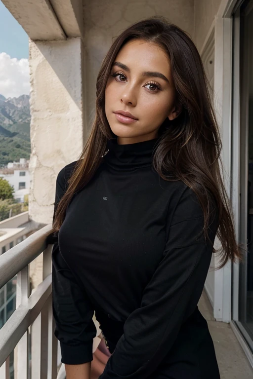 arafed woman with black clothes, with brown eyes, portrait Pia Muehlenbeck, brown hair and large eyes, selfie of a young woman, bedroom eyes, violet myers, without makeup, natural makeup, looking directly at the camera, face with artgram, subtle makeup, stunning full body shot, on a balcony having mountains behind her