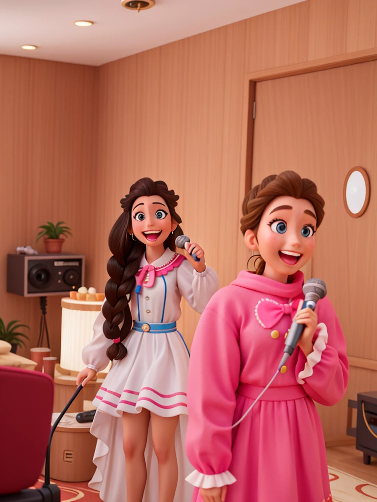 A single Disney Character woman with braided hair, standing in a room with a microphone, she expressing joy, with a happy expression, she is smiling and excited, candid picture, exciting expression, candid photograph, high quality picture, candid shot,candid portrait photo, plain solid background,