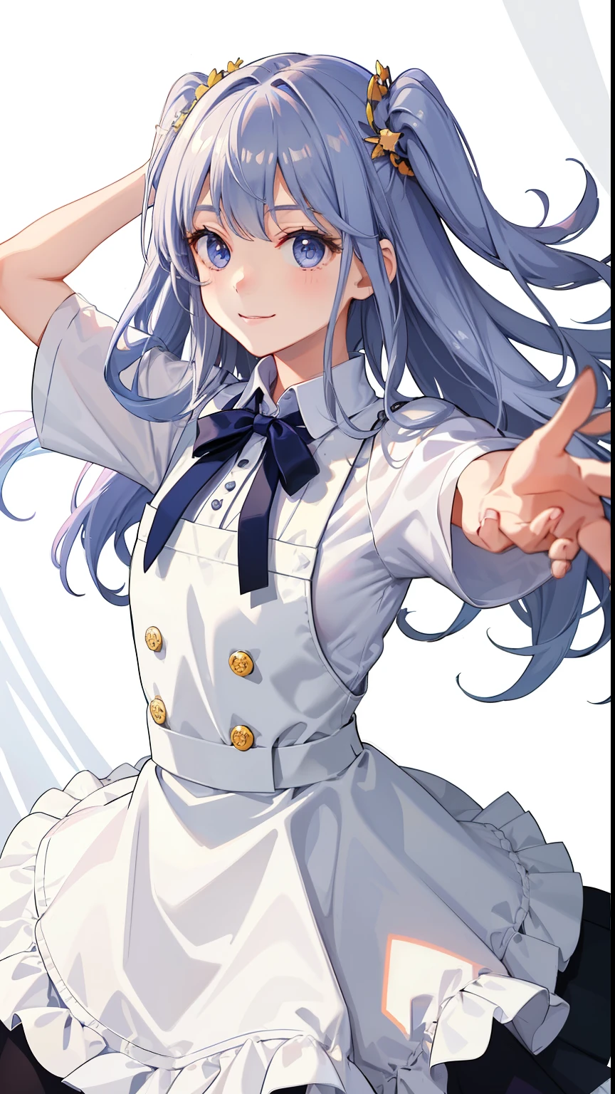 1girl in、A smile、Light in the eyes、The shirt、Blouse、skirt by the、pinafore、hair ornament costume、(small tits)Chilarism、movement、Upper body portrait、