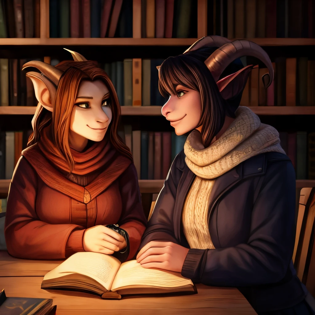 Female Dragonborn and her Tiefling Girlfriend on a cozy date near a new york bookstore durng winter