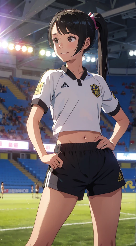 an 18 year old girl、pony tails、quality、masterpiece、超高分辨率、(真实感:1.4)、The is very detailed、Professional lighting smile、play soccer、stadio、Skinny sticky crop top and shorts、kawaii、perspired、Positive、Sano --auto