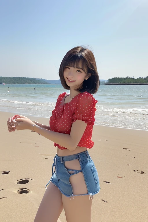 Innocent Japanese girl,High Teenager
(detailed photo composition,standing tall on the sandy beach,FULL BODYSHOT,full body shot,Shot straight ahead,Standing)
(Detailed body,Small bust,Small,Constricted waist,Small chest,smallunderboob,big breasts thin waist,Thick thighs,Thick calf,He is wearing white sandals on his feet.)
(A detailed face,elongated facial contour,a little bit smile,Sharp cheeks,Round chin,neat nose)
(A detailed eye,Looking at the camera,skinny cheeks,Round chin,Slender eyes,Beautiful eyes,Dark blue eyes)
(Detailed hair,Bob cut hair,a little brown hair)
(detailed costume,Transparent short-sleeved blouse with red polka dots on a white background,fluttering red miniskirt,Navel Ejection)
(Detailed shooting location,beach,sand beach)