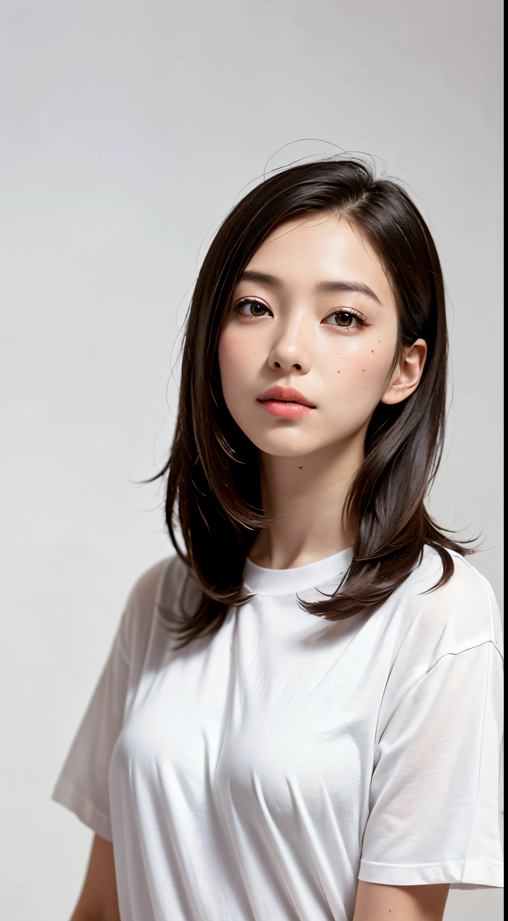 (masutepiece, Best Quality,:1.2), 1girl in, (Solo:1.3), Upper body, White shirt, Short sleeves, , (waifu, Realistic, Real life, exceptional, Best aesthetic, new, newest, Best Quality, masutepiece:1.2), Soft_Lighting, Soft_skin_Tone, Feminine_hair, (White background, Background,:1.2),
