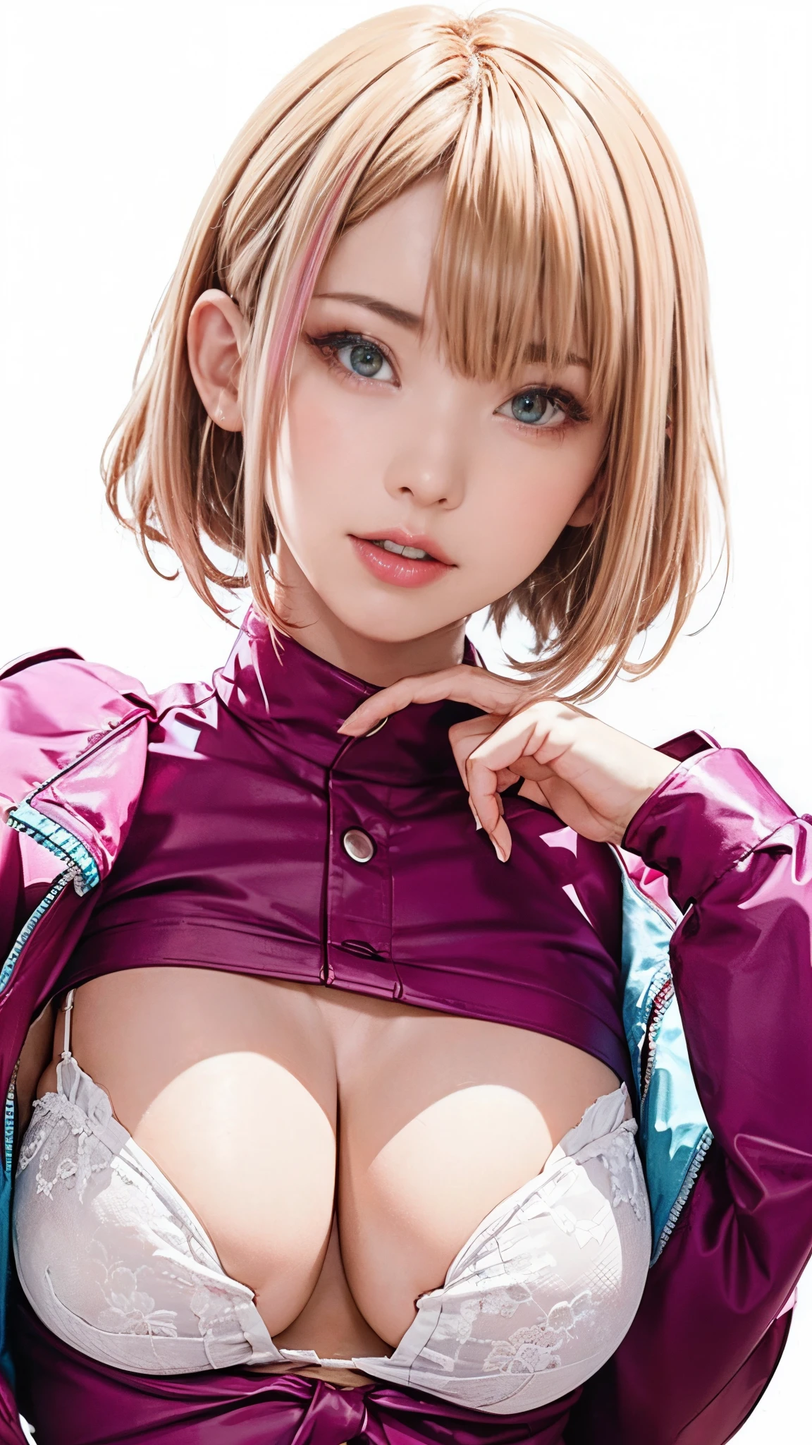 In the summer of Japan, August 2 is Pants Day, Beautiful girl enjoying a hot summer day wearing only panties.
(side cut layered bob hairstyle), (blonde and pink hair:1.urple eyes, 
​masterpiece, Best Quality,(Photorealistic: 1.4),Ultra High Resolution, unity 8k, (Beautiful detailed eyes:1.6),Symmetrical, extra detailed face, Perfect Lighting, (Perfect hands, Perfect Anatomy),(White background:1.3)