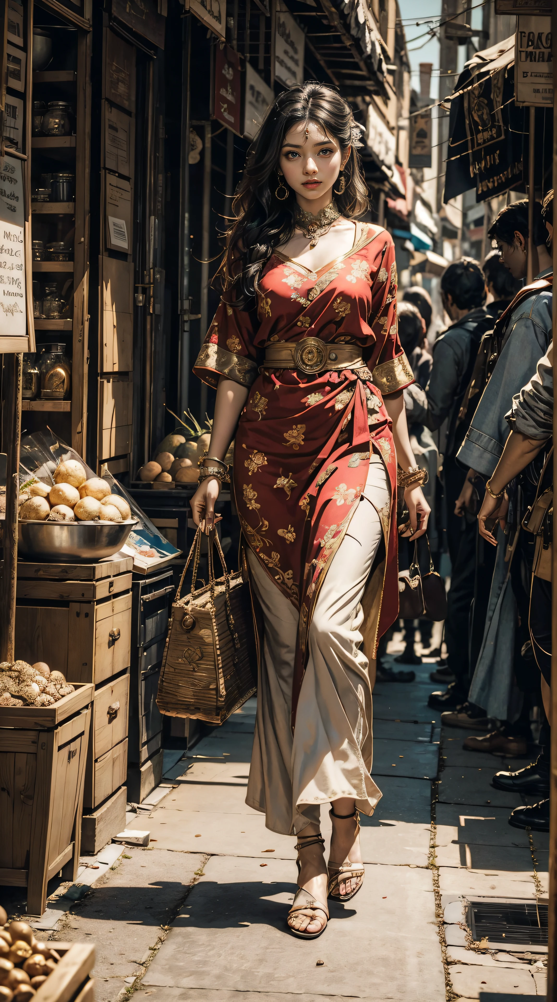 full body circa 1800 fairy tale movie scene beautiful Indian princess in bright colorful airy dress walking in an Indian market long black hair realistic skin texture vivid colors meticulously crafted textures romantic oriental feel cinematic