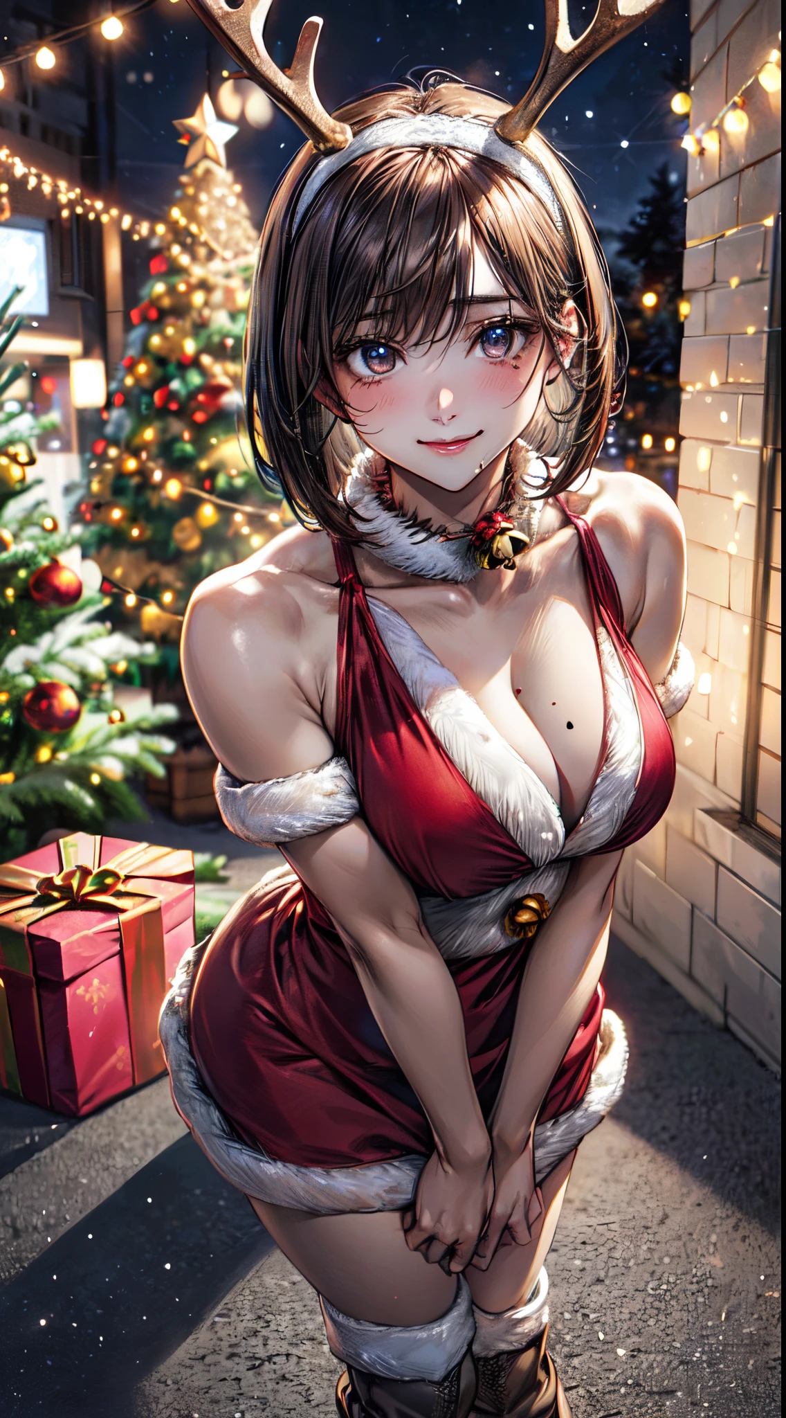 (masterpiece:1.2, top-quality), (realistic, photorealistic:1.4), beautiful illustration, NSFW, looking at viewer, cowboy shot, front view:0.8,
1 girl, japanese, high school girl, beautiful hair, beautiful face, beautiful detailed eyes, (short hair:1.2, bob cut:1.2), bangs, hair between eye, light brown hair, blue eyes, mole under eye,
beautiful clavicle, beautiful body, beautiful chest, large breasts:0.8, beautiful thighs, beautiful legs, beautiful fingers, bare thighs, (thick thighs, large valleys),
(beautiful scenery), christmas night, outdoors, (christmas tree:1.3),
((wearing reindeer costume, symmetrical clothing, metallic light brown reindeer hair band, reindeer dress, reindeer boots, bare shoulders), reindeer collar with bell),
(swollen), ((seductive posture:1.2, attractiveness:1.2)),
(erotic, sexy, upper eyes, laugh), shiny skin, walking,
celebration, exquisite details, exciting surprises, shiny ornaments, sparkling tinsel,
anticipation, festive mood, magical ambiance, delightful moment, wonderful memories, christmas magic, extravagant, abundance of presents,
perfect face, cute and symmetrical face, natural side lighting, movie lighting), depth of fields,